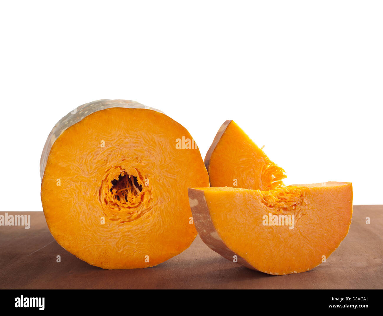 Langen orangen Kürbis auf Holztisch Stockfoto