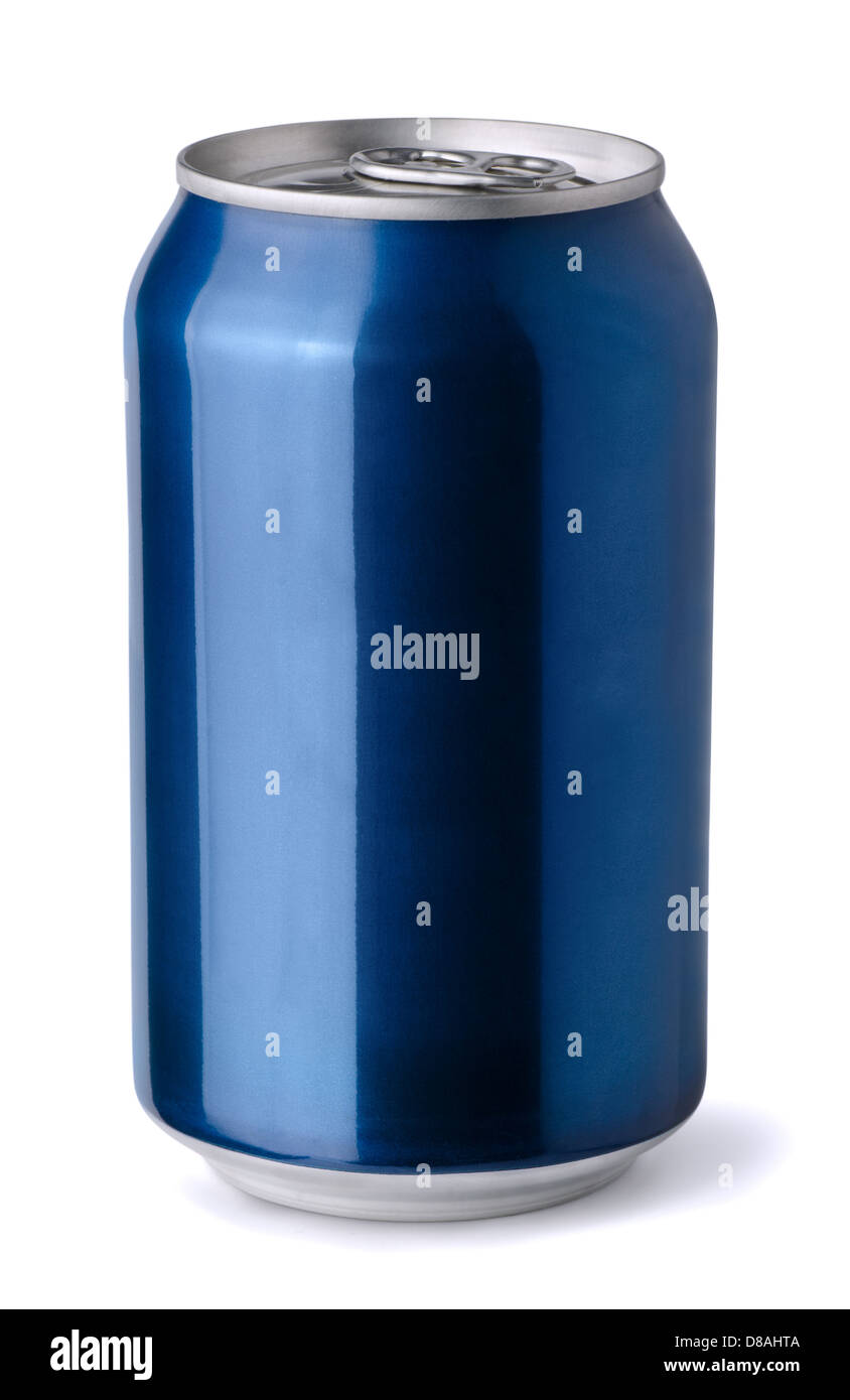 Leere blaue Aluminium Getränkedose isoliert auf weiss Stockfoto