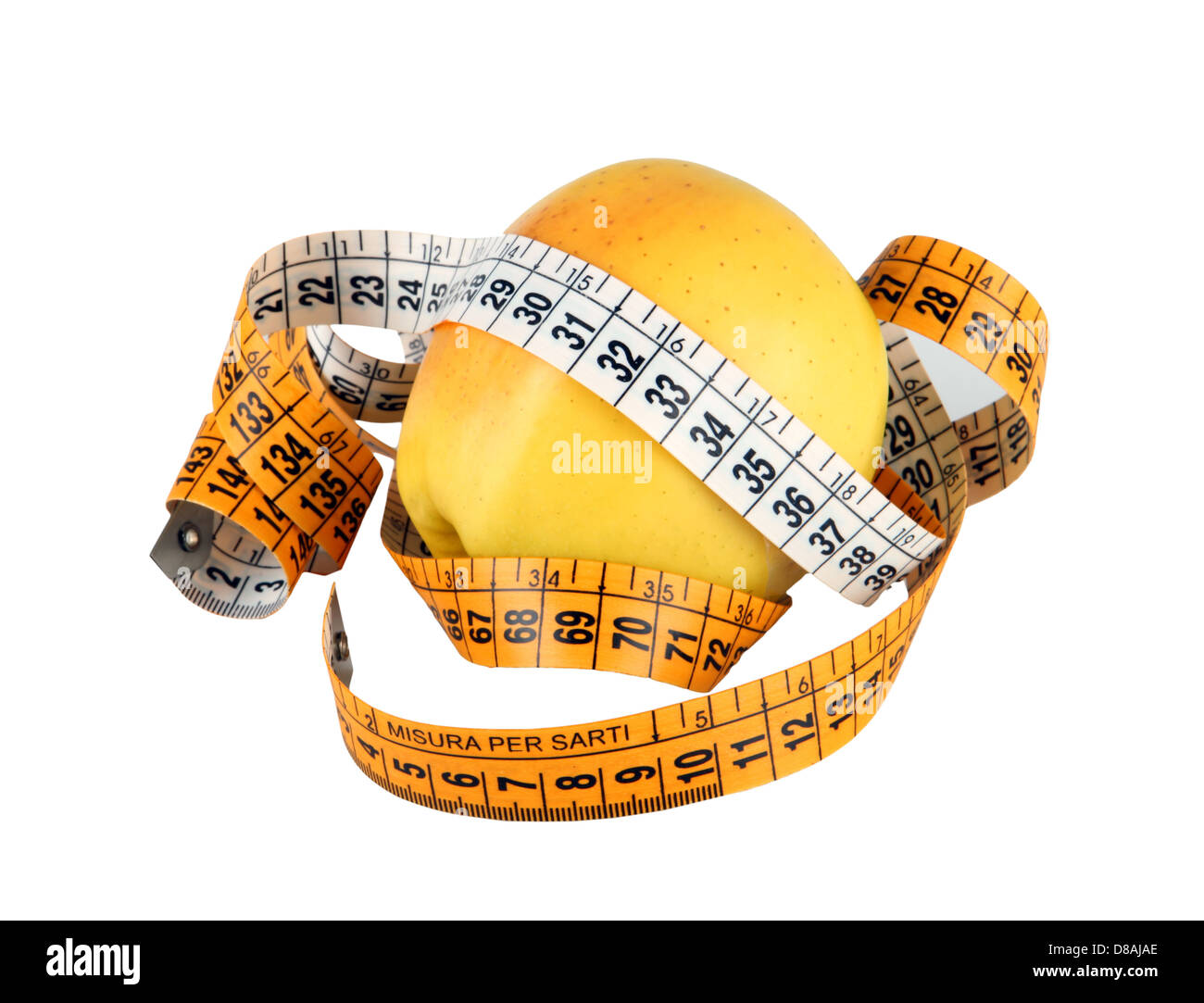 Diät-Konzept mit grünem Apfel mit Maßband gewickelt. Stockfoto