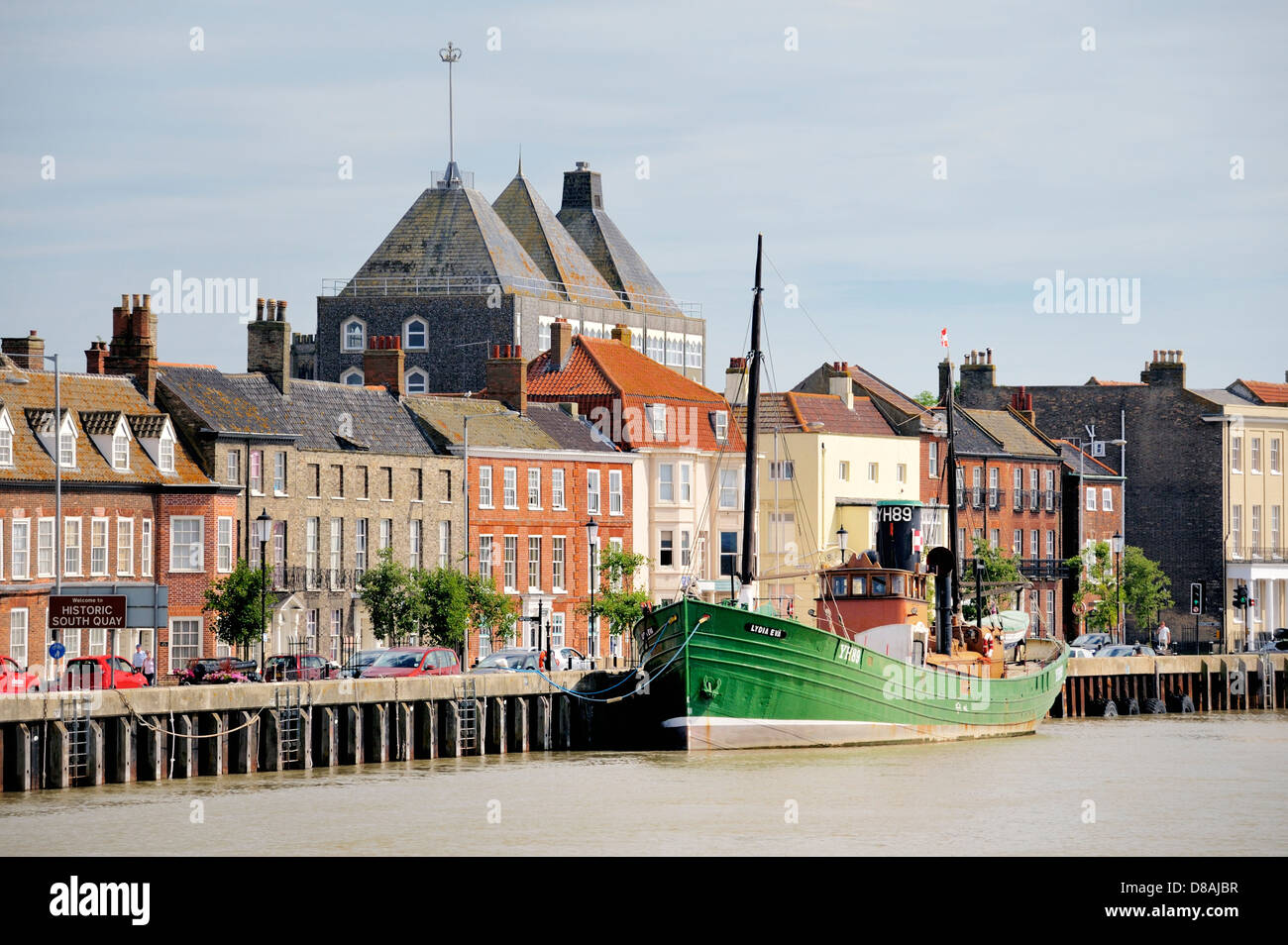 Fluß Yare am South Quay, Hafen von Great Yarmouth, England. Vintage Drifter Hering Dampfschiff Lydia Eva gebaut 1930. Heute ein museum Stockfoto