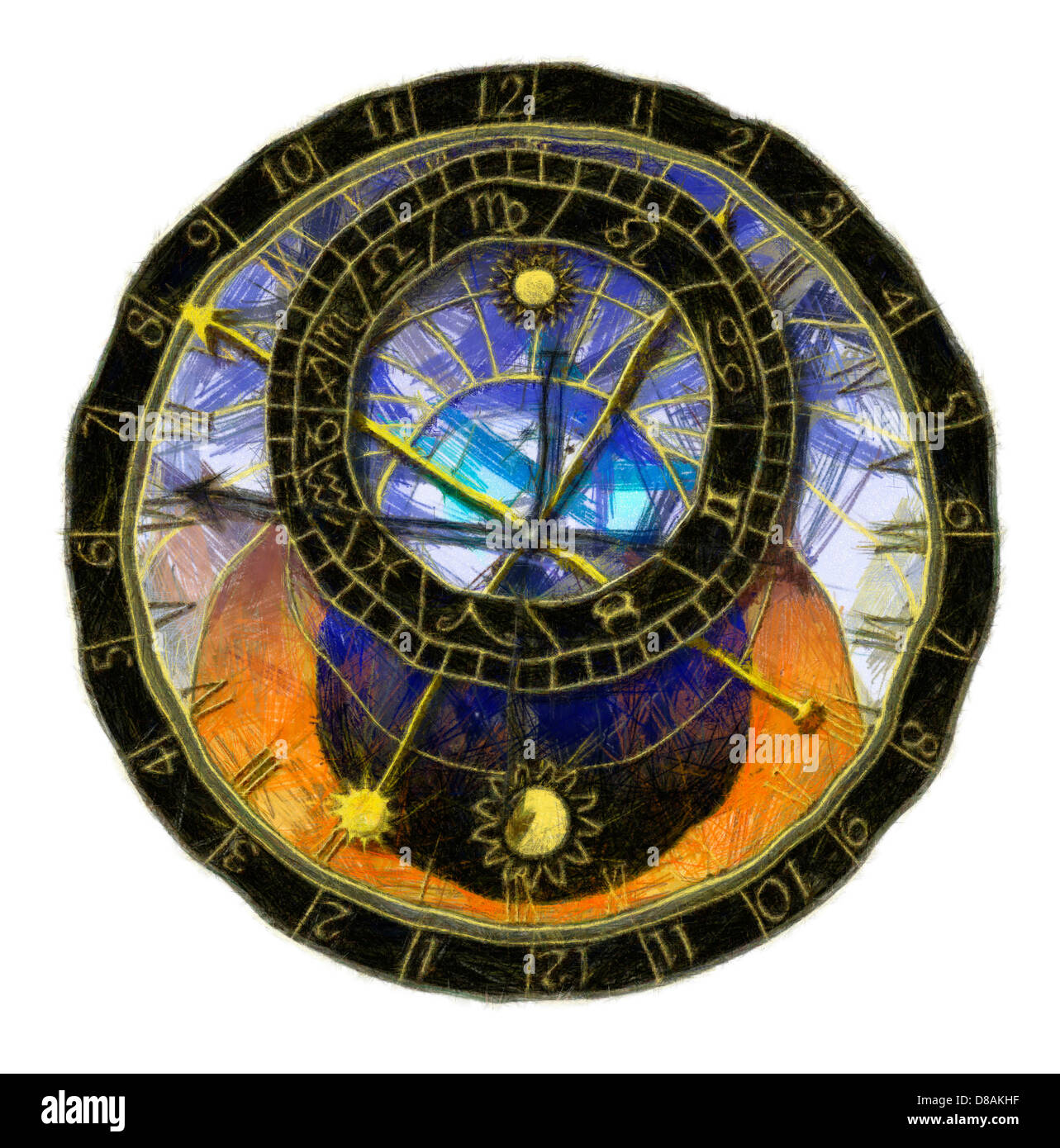 Expressionistischen Zeichnung der astronomischen Uhr Stockfoto
