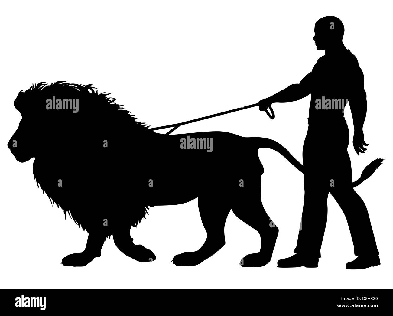 Illustriert die Silhouette eines Mannes zu Fuß einen Löwen an der Leine Stockfoto