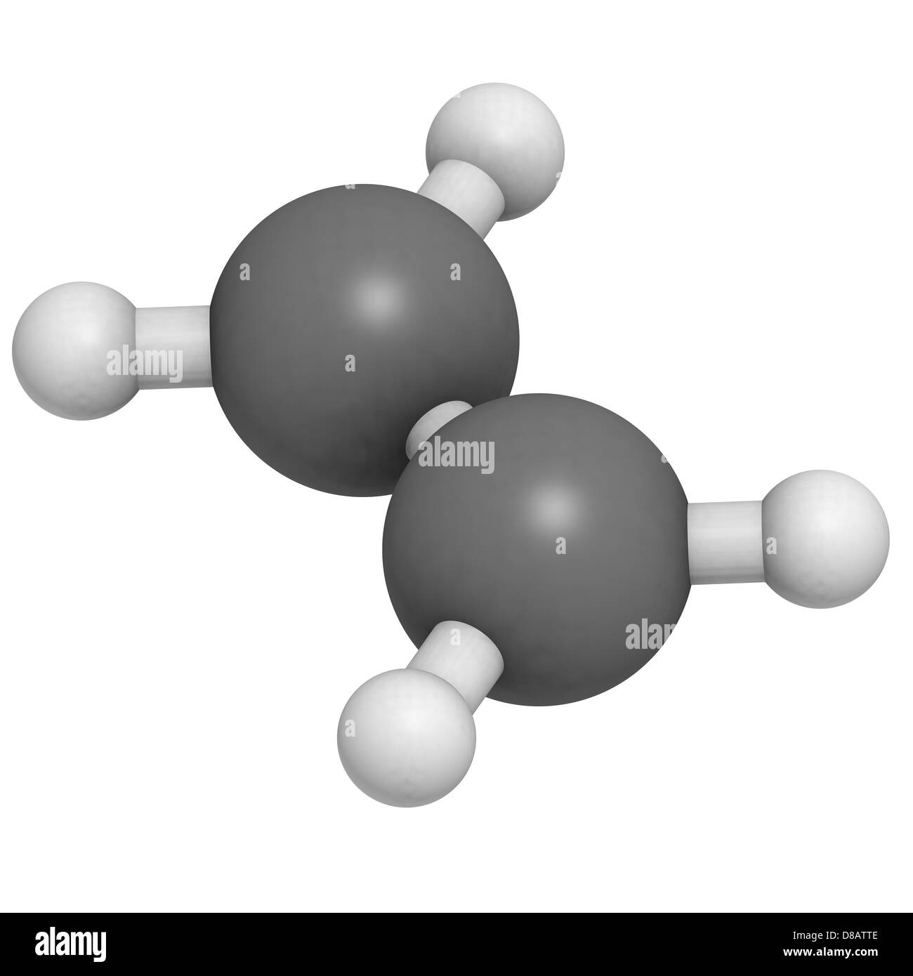 Pflanzenhormon Ethylen (Ethen) und Polyethylen (PE) Baustein, Molekülmodell. Stockfoto
