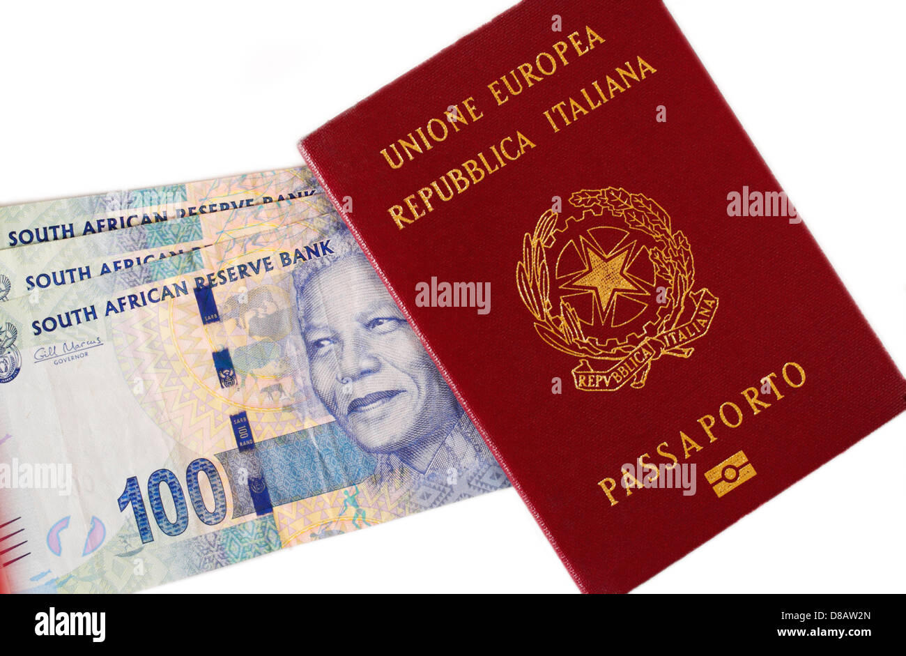 Einen italienischen EU-Pass mit neuen südafrikanischen Rands Währung Stockfoto