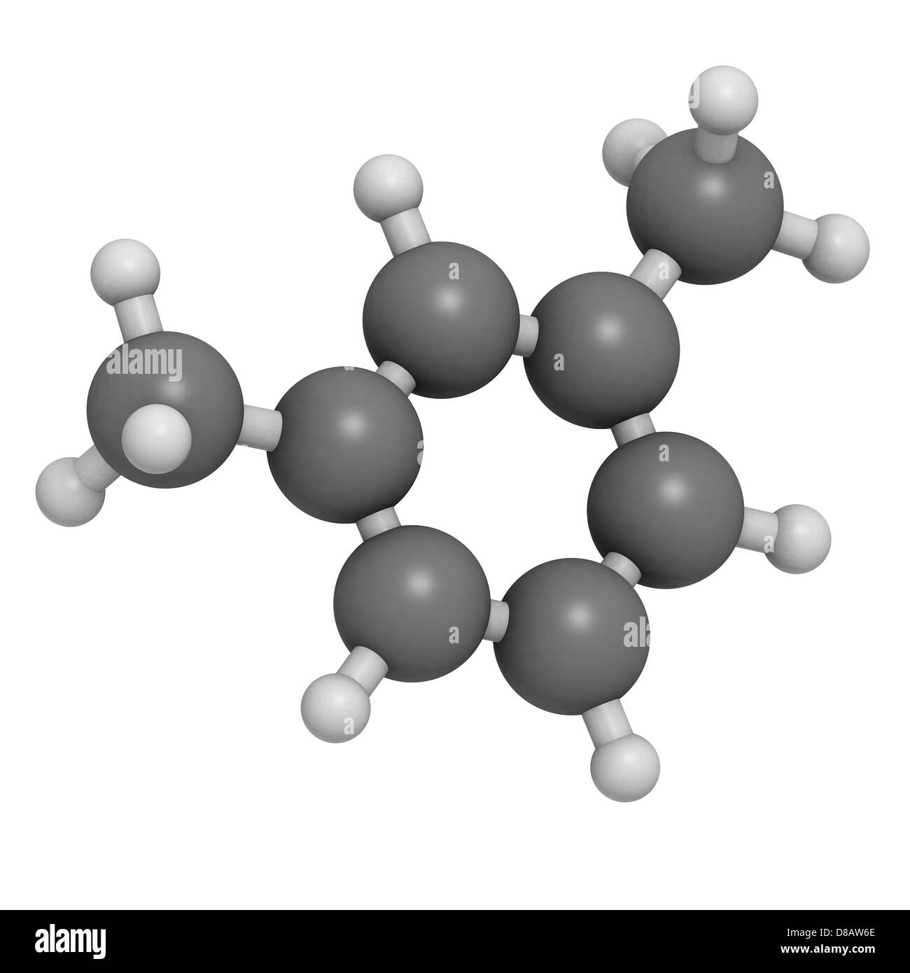 Xylol (Meta-Xylol, Xylol) aromatischer Kohlenwasserstoffe, Molekülmodell. Atome werden als Kugeln dargestellt. Stockfoto