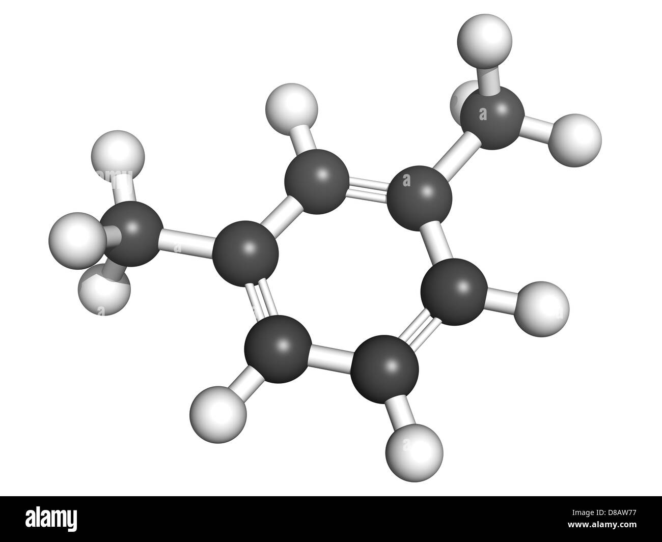 Xylol (Meta-Xylol, Xylol) aromatischer Kohlenwasserstoffe, Molekülmodell. Atome werden als Kugeln dargestellt. Stockfoto