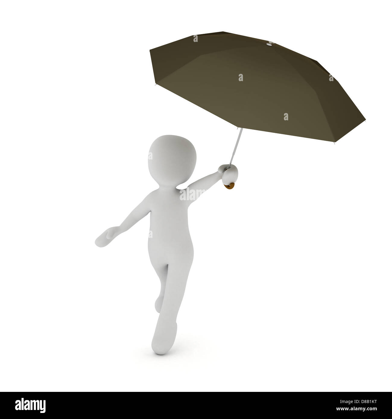 Ein 3D-Charakter tanzt mit einem Schirm im Regen. Stockfoto