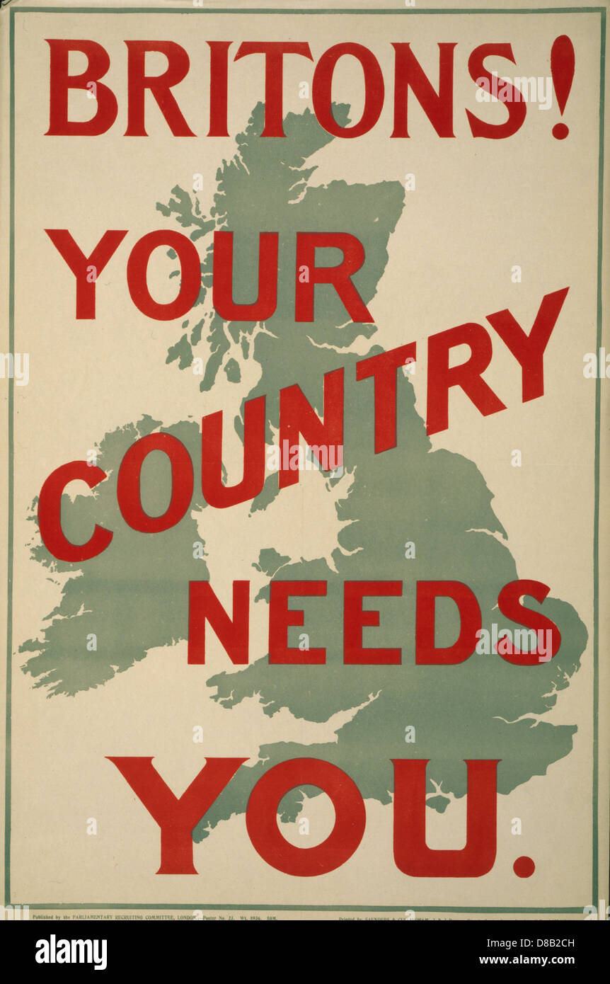 Briten! Ihr Land braucht Sie 1914 britische gewinnen Popaganda Karte von Großbritannien Stockfoto