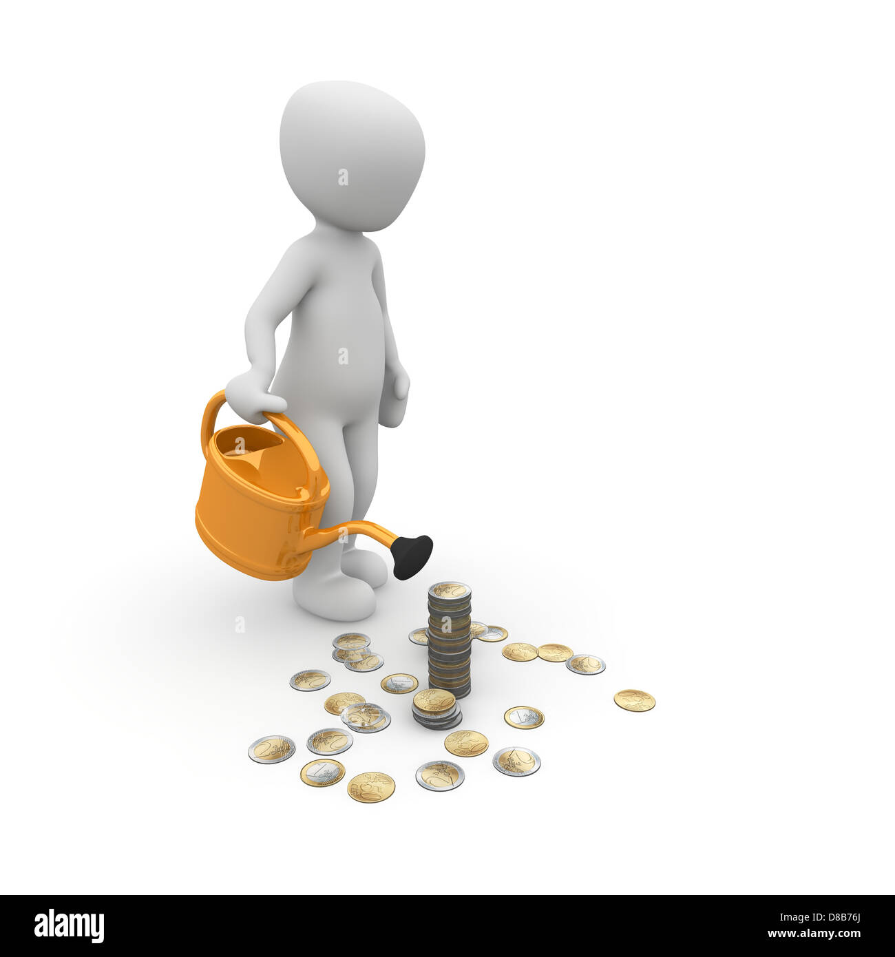 Ein 3d Charakter mit einer Gießkanne gießen sein Geld. Stockfoto