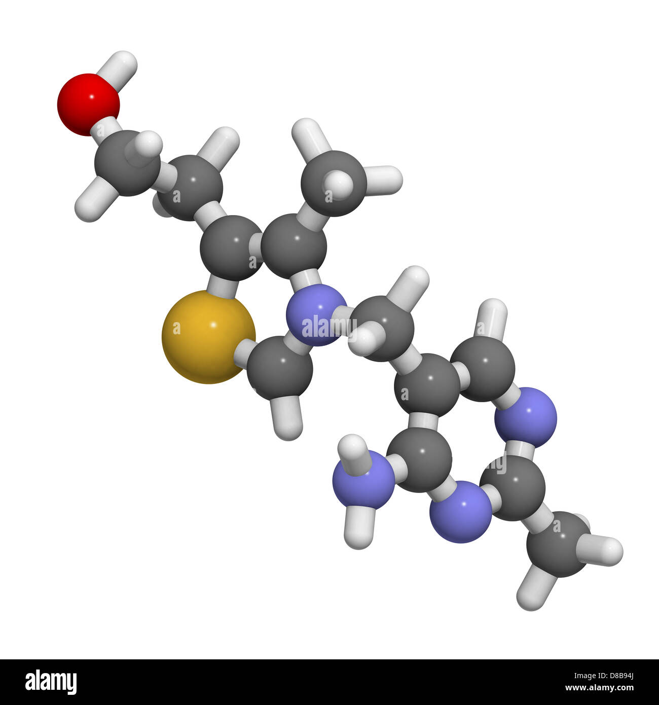 Vitamin B1 (Thiamin), molekulare Modell. Atome werden als Kugeln mit konventionellen Farbkodierung dargestellt. Stockfoto