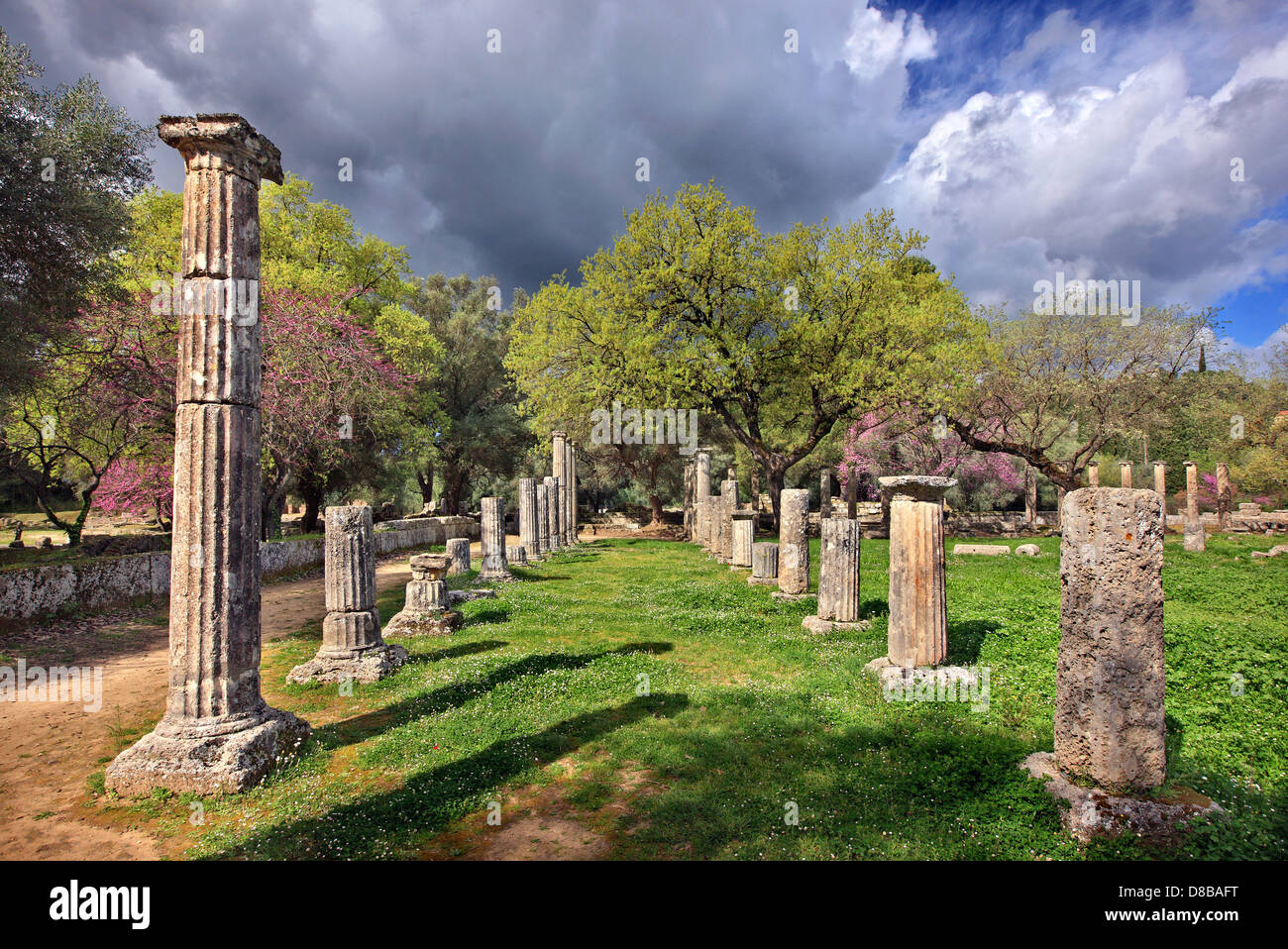 Die Palästra im antiken Olympia, der Geburtsstätte der Olympischen Spiele, Ilia, Peloponnes, Griechenland. Stockfoto