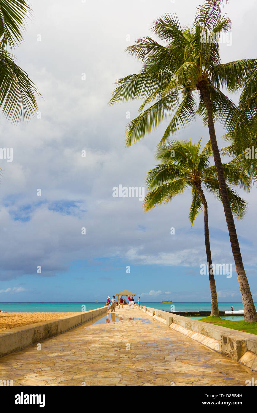 Gehweg Stein, zum Pazifischen Ozean mit Palmen overhead am Waikiki Beach in Hawaii Stockfoto