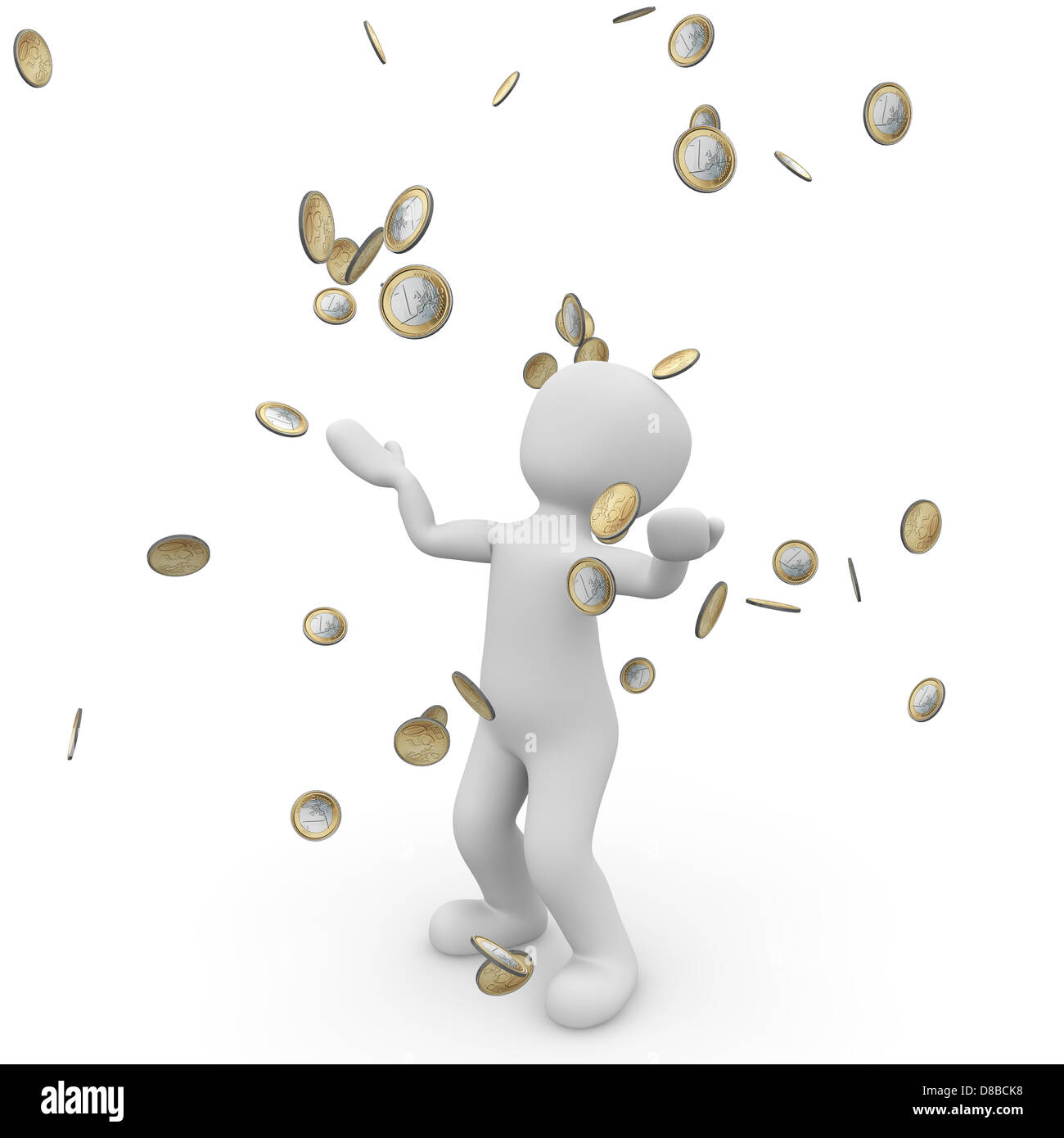 Eine Person freut sich über das Geld, das vom Himmel fällt. Stockfoto