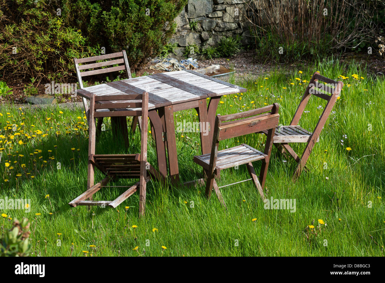 Überwucherten Rasen mit ungenutzten Gartenstühle und Tische, Stockfoto