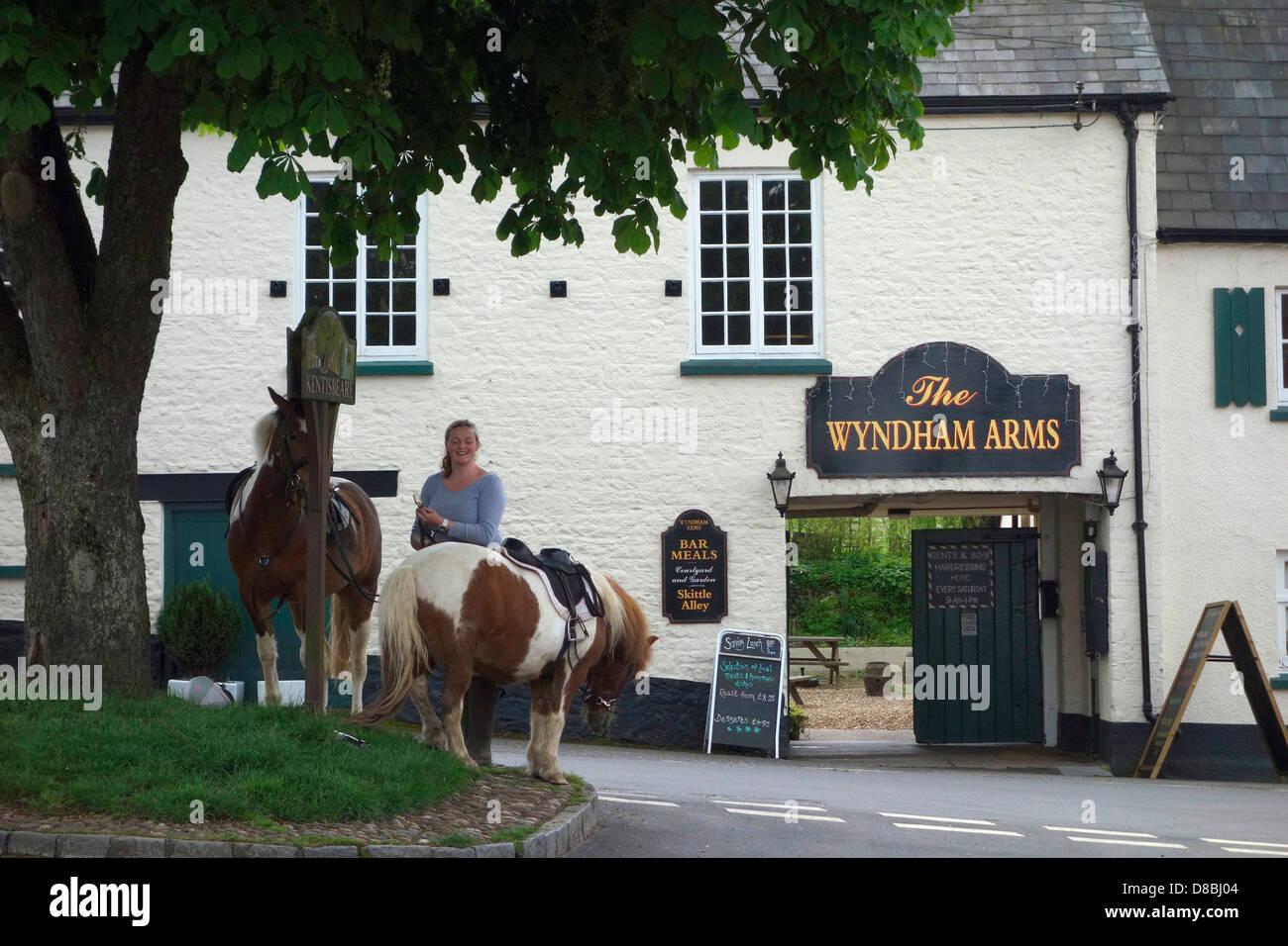 Kentisbeare Dorfzentrum, Devon mit Ponys und der Dorfkneipe - The Wyndham Arms Stockfoto