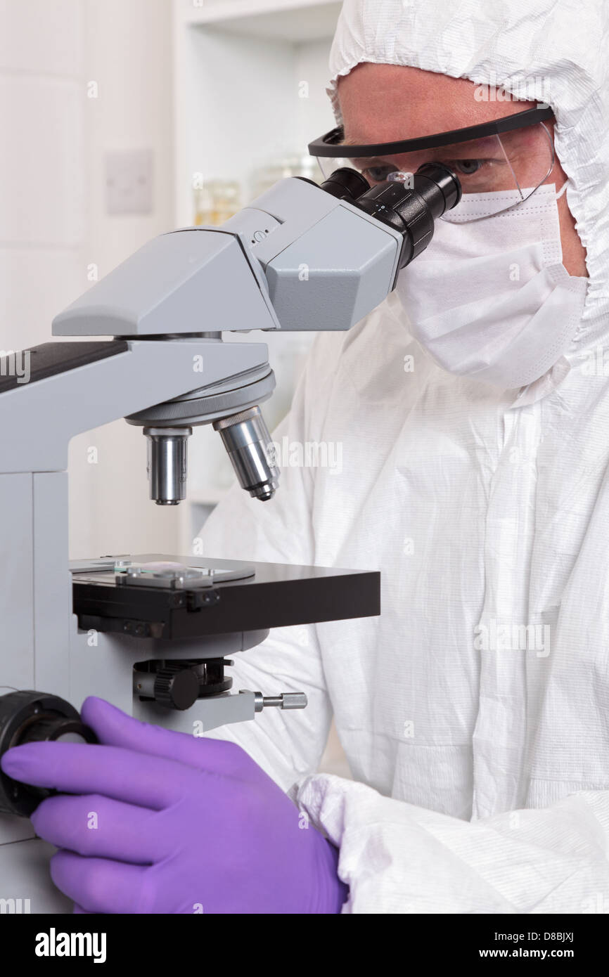 Eine Laborantin, die Einstellung des Fokus auf einem Mikroskop, während durch das Okular schauen Stockfoto