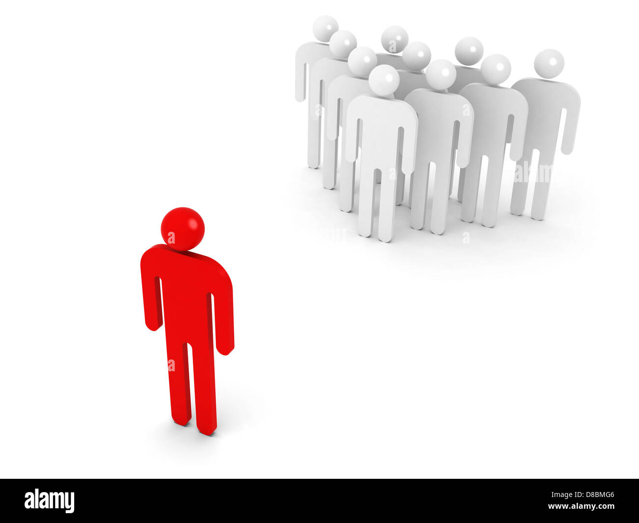Gruppe von schematischen Menschen und eine gegenüberliegende rote Person auf weißem Hintergrund mit weichen Schatten. 3D Illustration Konzept Stockfoto
