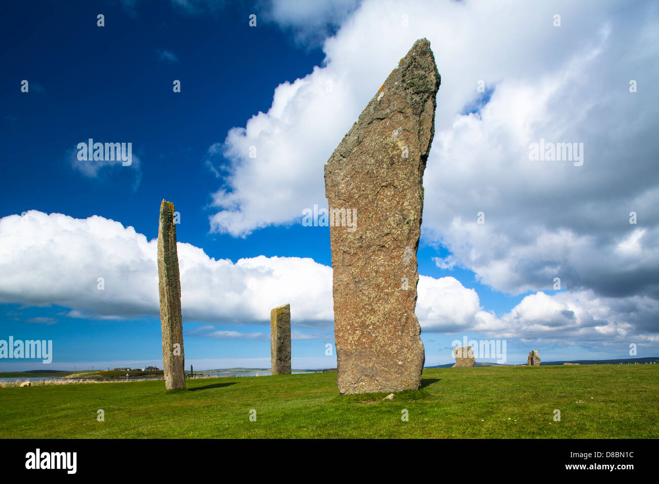 Die Standing Stones Stenness, Jungsteinzeit Stein Kreis Denkmal auf dem Festland von Orkney Stockfoto
