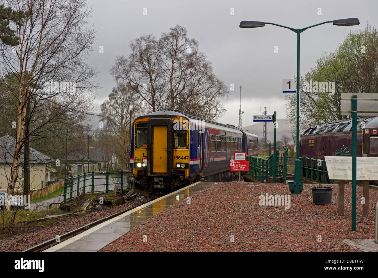 156447 Diesel Triebwagen Einheit zieht in Bridge of Orchy Station an einem nassen Nachmittag. Stockfoto