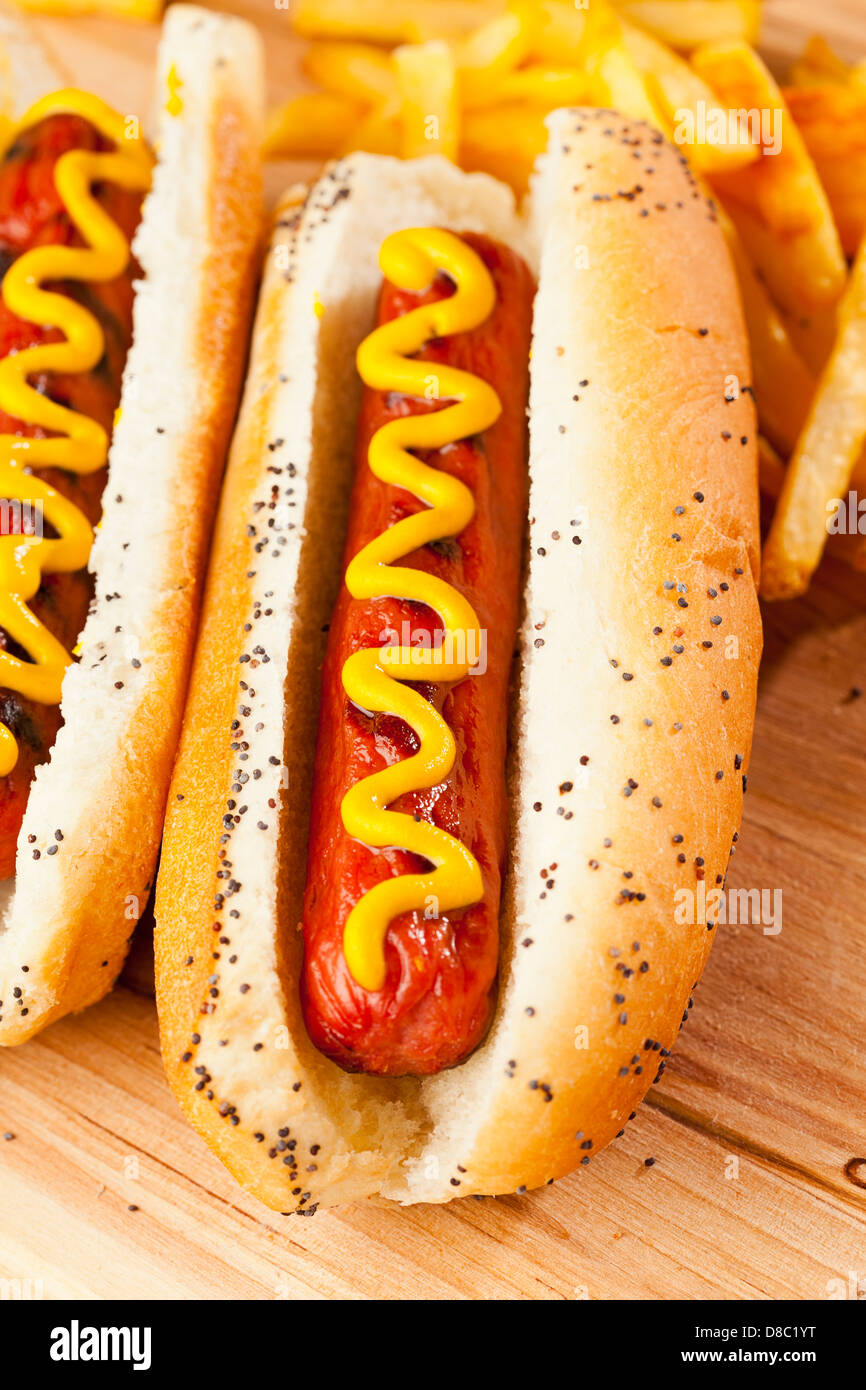 Bio alle Rindfleisch-Hotdog auf einem Brötchen mit Senf Stockfoto