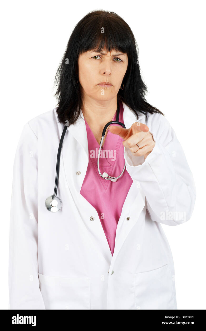 Unglücklich oder stirnrunzelnd Ärztin ihre Finger zeigen Sie die Schuld Stockfoto