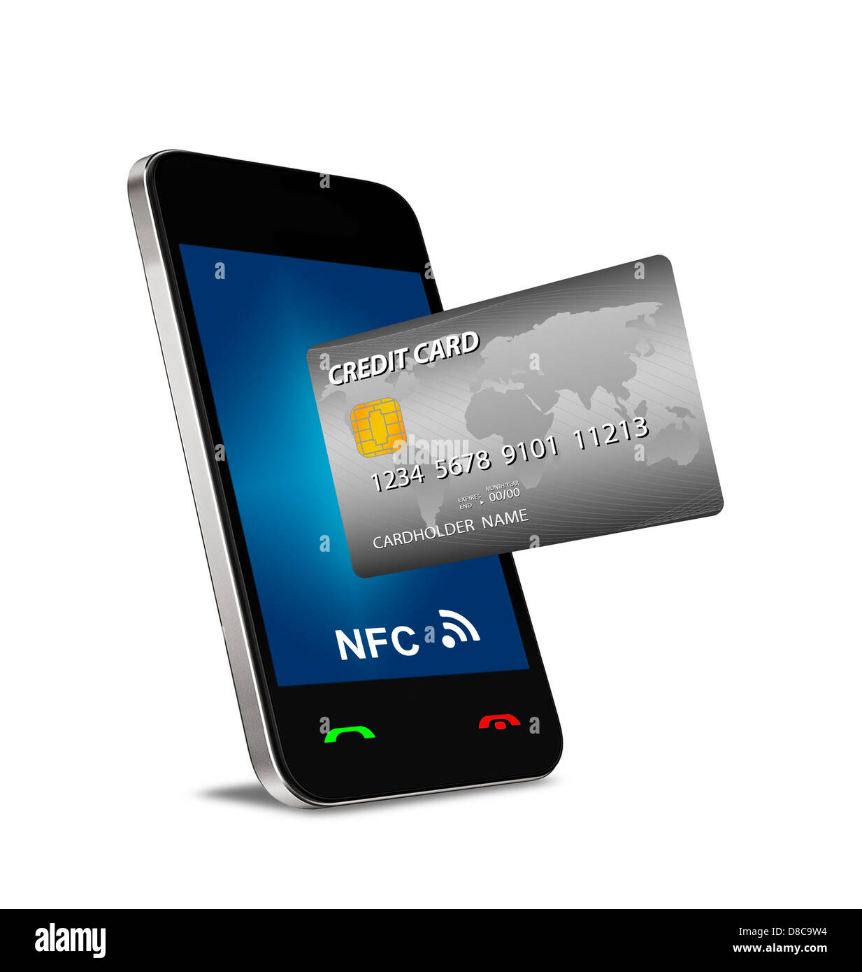 Ein Smartphone mit Near Field Communication (NFC) zeigt eine plastische Kreditkarte geht in der Fron des Bildschirms Stockfoto