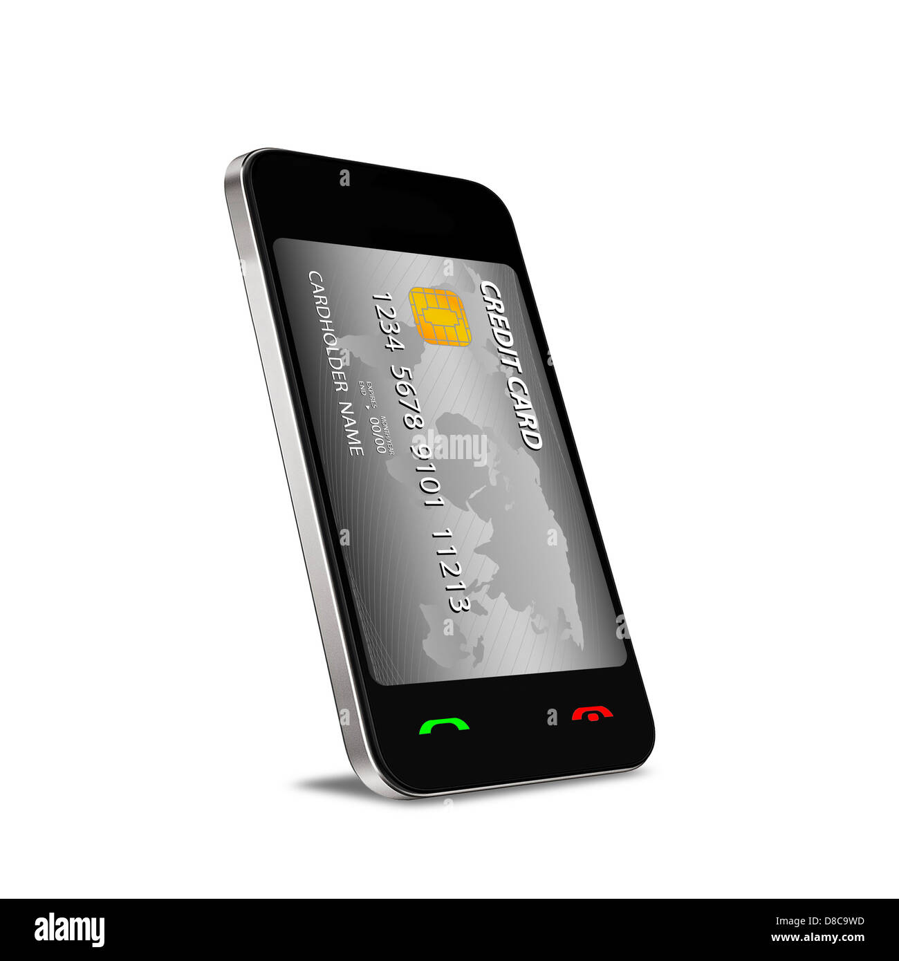 Ein Smartphone mit Near Field Communication (NFC) zeigt eine plastische Kreditkarte geht in der Fron des Bildschirms Stockfoto