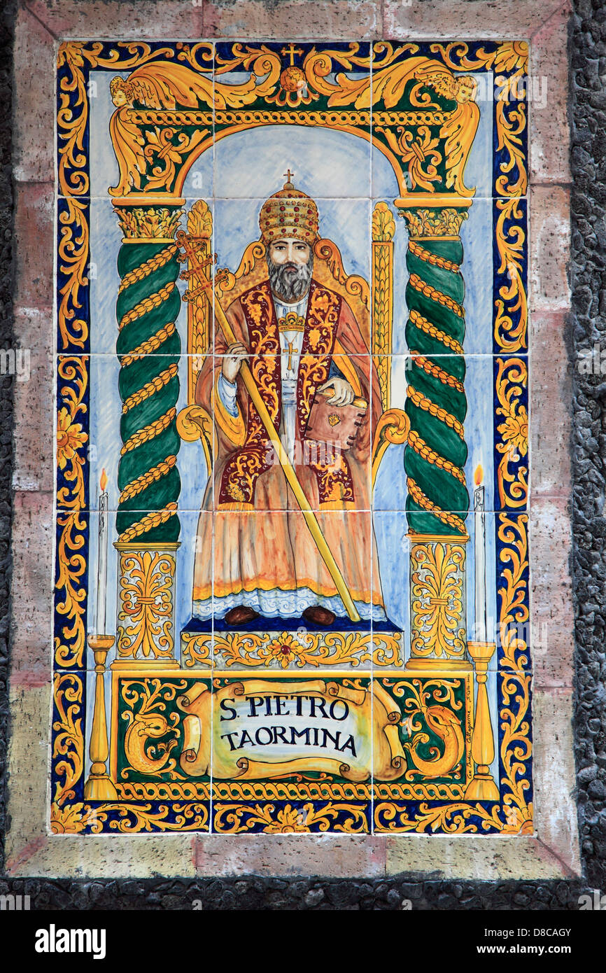 Italien, Sizilien, Taormina, St. Peter, religiöse Bild, keramische Fliesen, Stockfoto