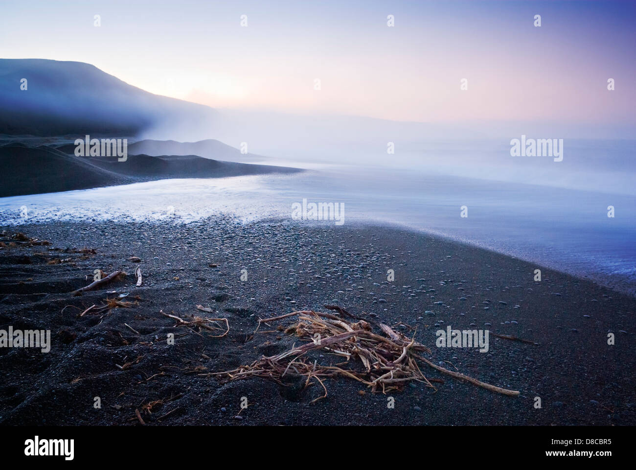 Birdlings Flat Canterbury New Zealand - Strand an einem nebligen Morgen, mit Treibholz im Vordergrund. Stockfoto