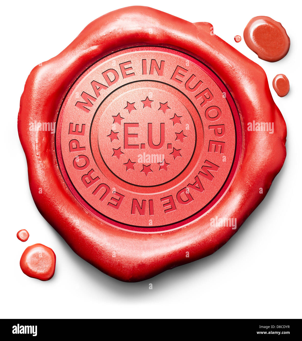 hergestellt in Europa Originalprodukt kaufen lokale kaufen authentische europäische Qualitäts Label rote Wachssiegel Stempel Stockfoto
