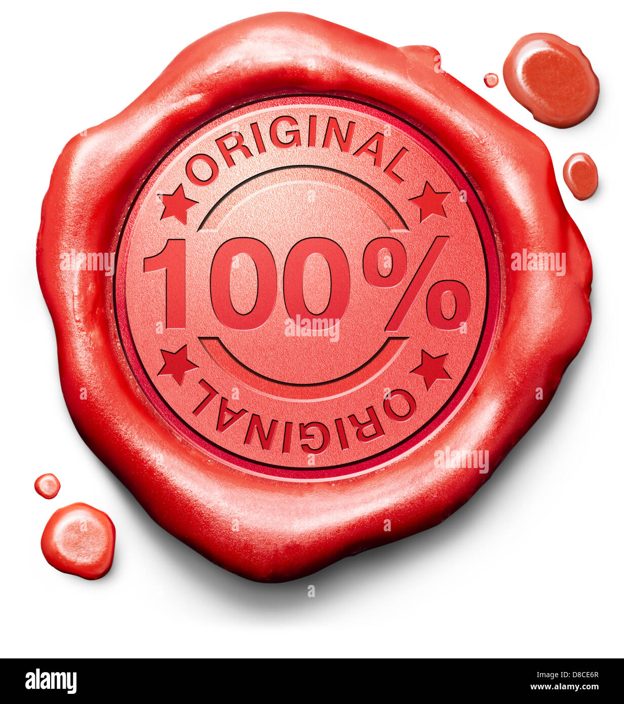 Original authentische Inhalte bzw. Produkte Qualität Label Authentizität garantiert 100 % Originalität neue Innovation rotes Wachs Siegelstempel Stockfoto