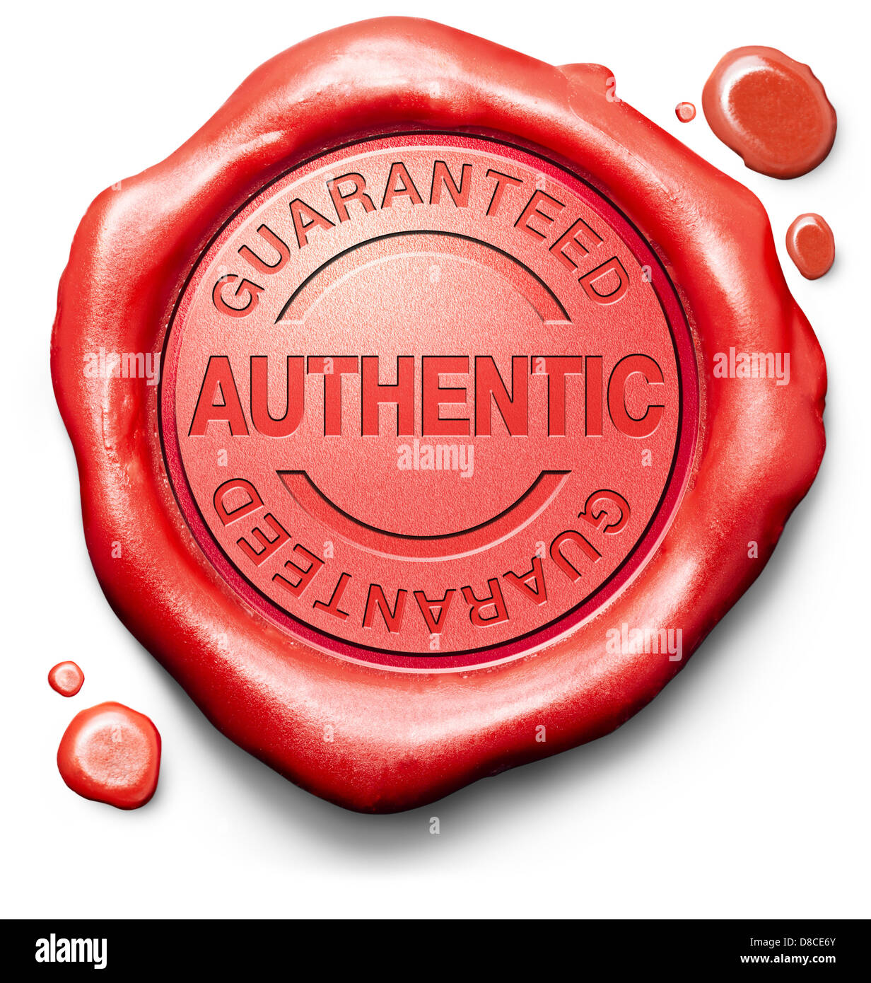 garantiert authentische Stempel rot Wachs Siegel Label Authentizität Garantie Zusicherung Qualitätssiegel für höchste Produktkontrolle Stockfoto