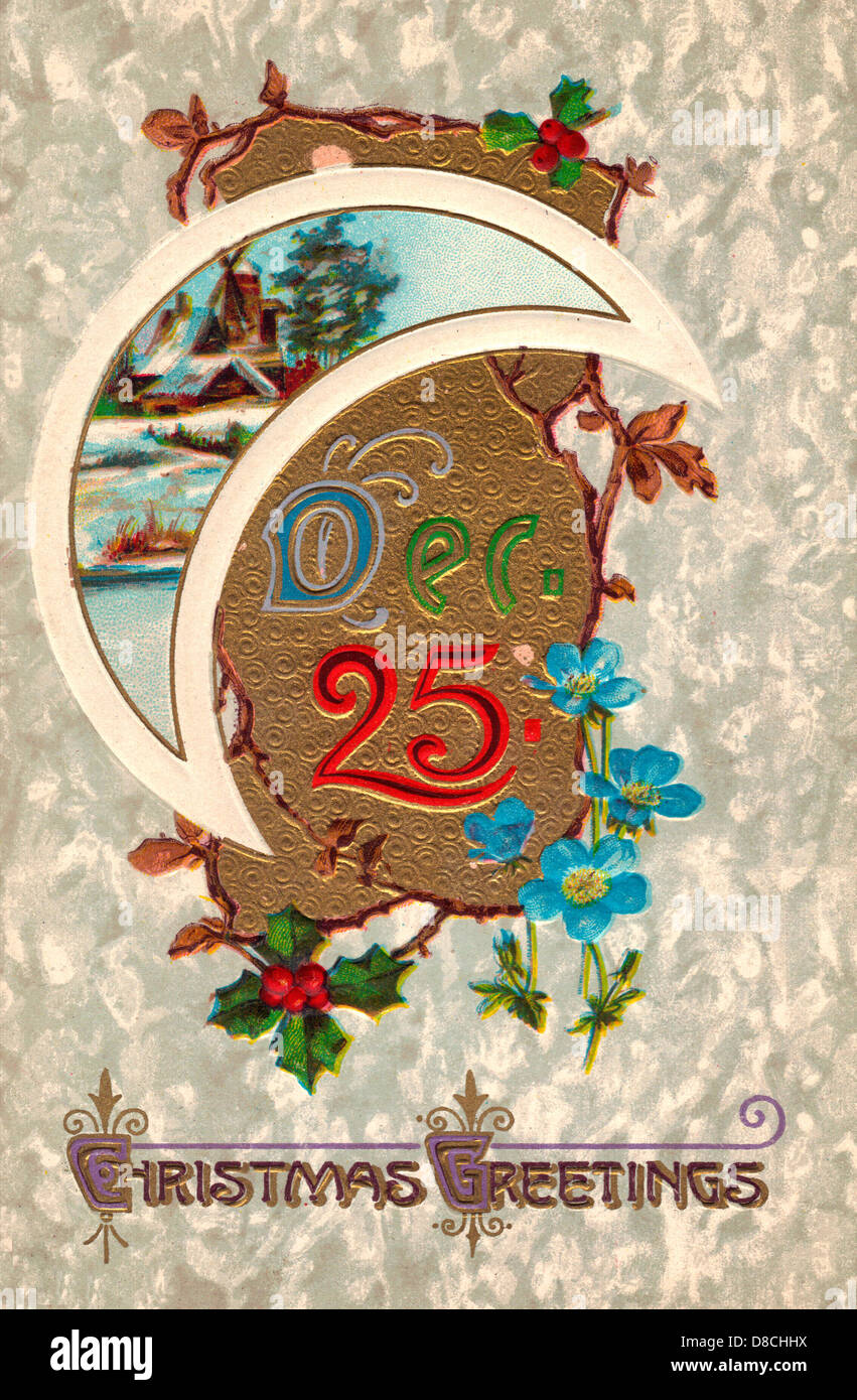 25. Dezember - Weihnachtsgrüße - Vintage-Karte Stockfoto