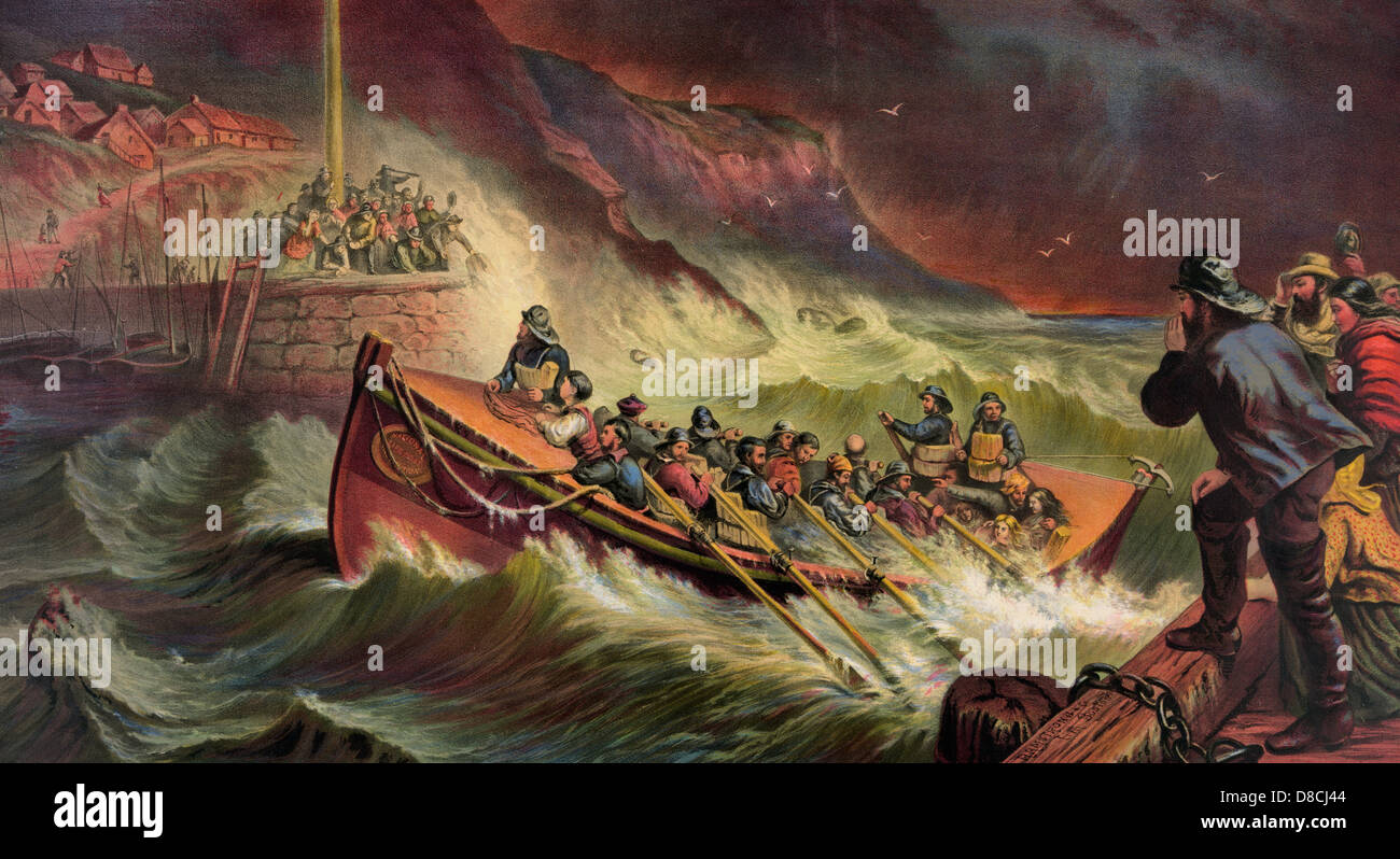 Rück- oder gespeicherte aus dem Wrack - kehrt ein Rettungsboot mit Überlebenden, ca. 1872 Stockfoto