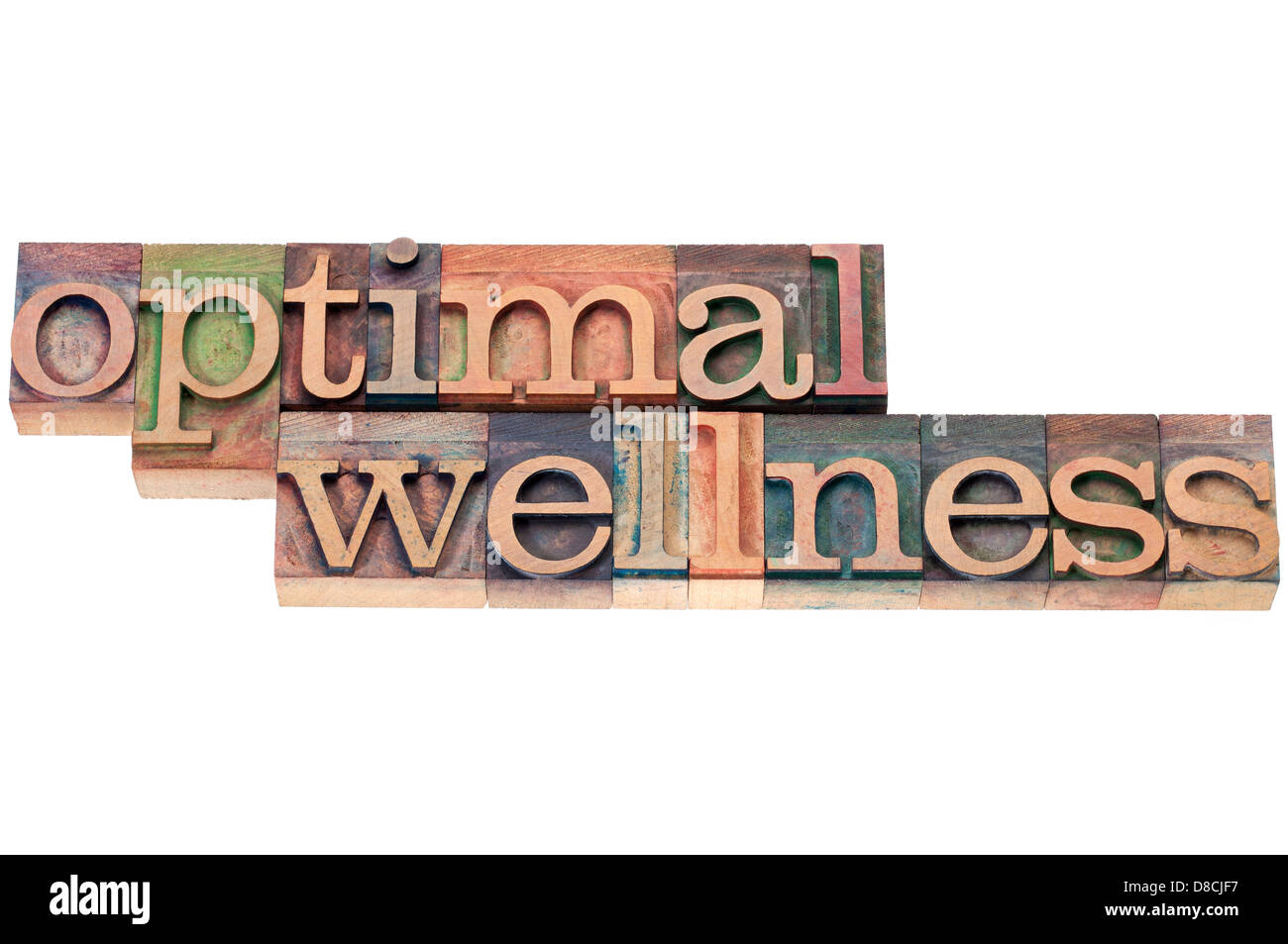 optimale Wellness - Konzept der Gesundheit - isoliert-Text im Buchdruck Holzart Druckstöcke Stockfoto