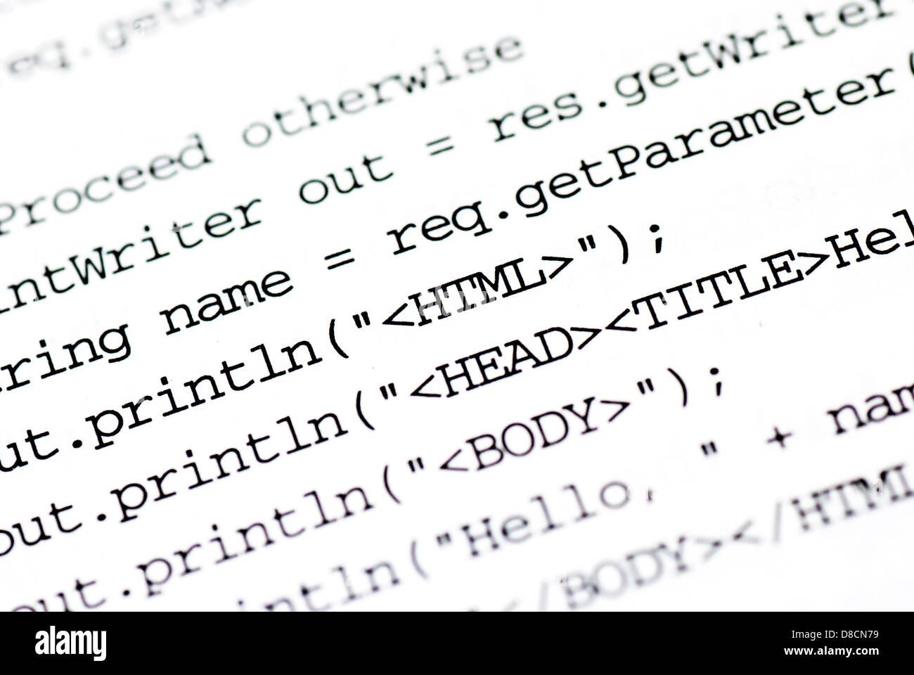 eine Nahaufnahme des Wortes 'HTML' im Code für das web Stockfoto