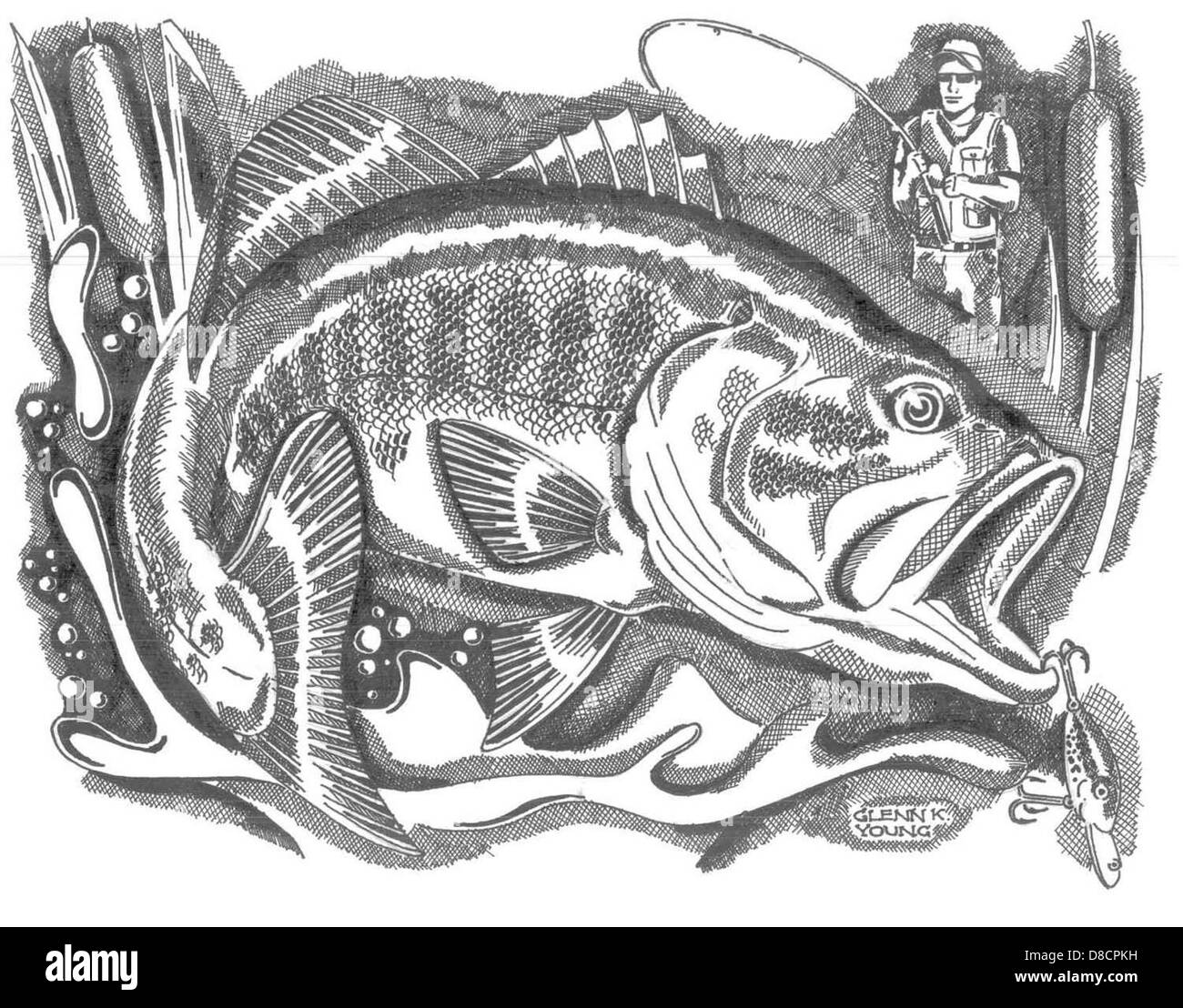 Eine schwarz-weiße Abbildung, die Fischer zeigt, die Fische fangen. Die Zeichnung zeigt die Figuren, Boote und Fische im Freien, um die Einfachheit der Szene einzufangen. Stockfoto