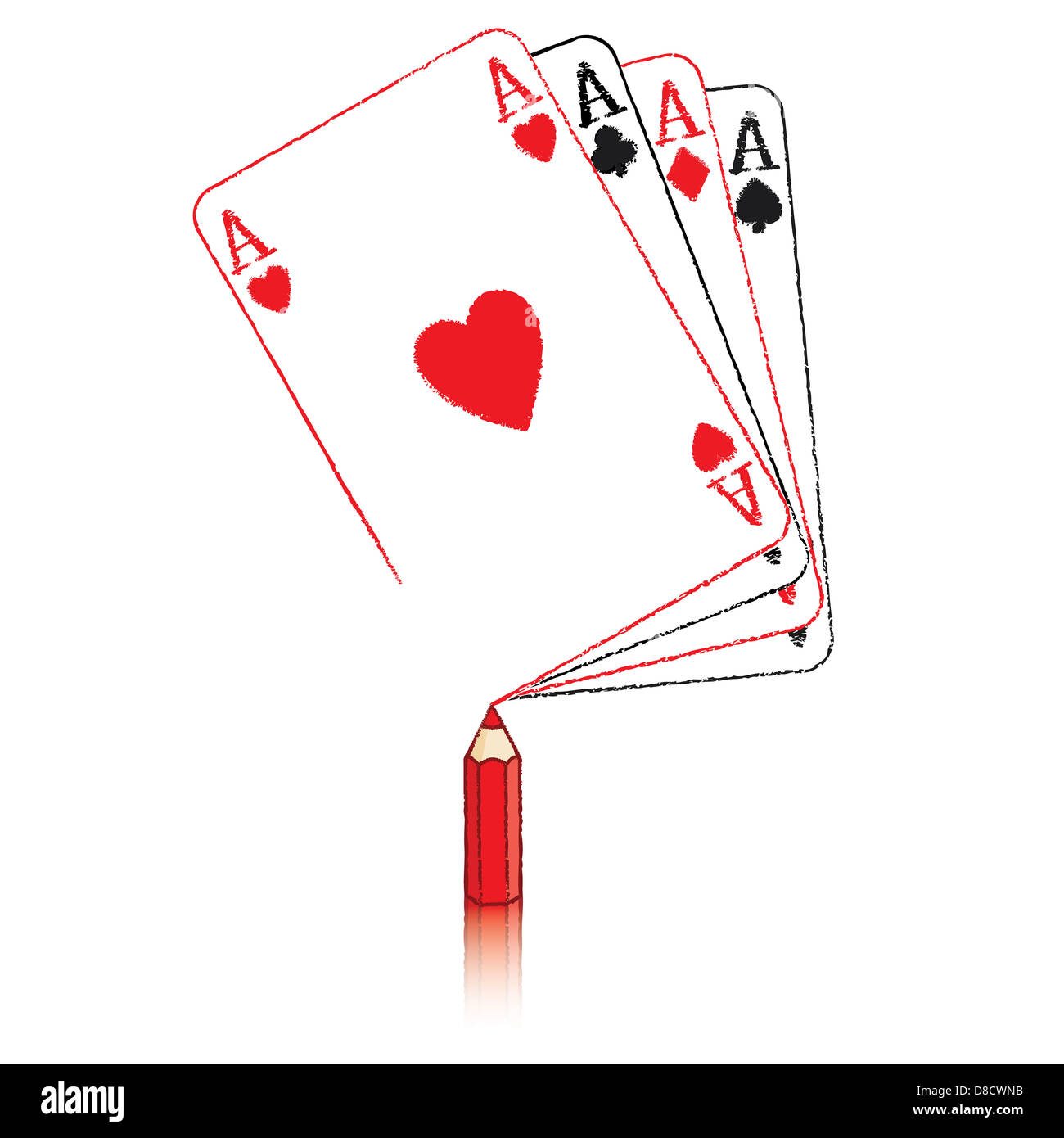 Roten Bleistift mit Reflexion zeichnen verschiedene Ace of Hearts Playing Card Stockfoto