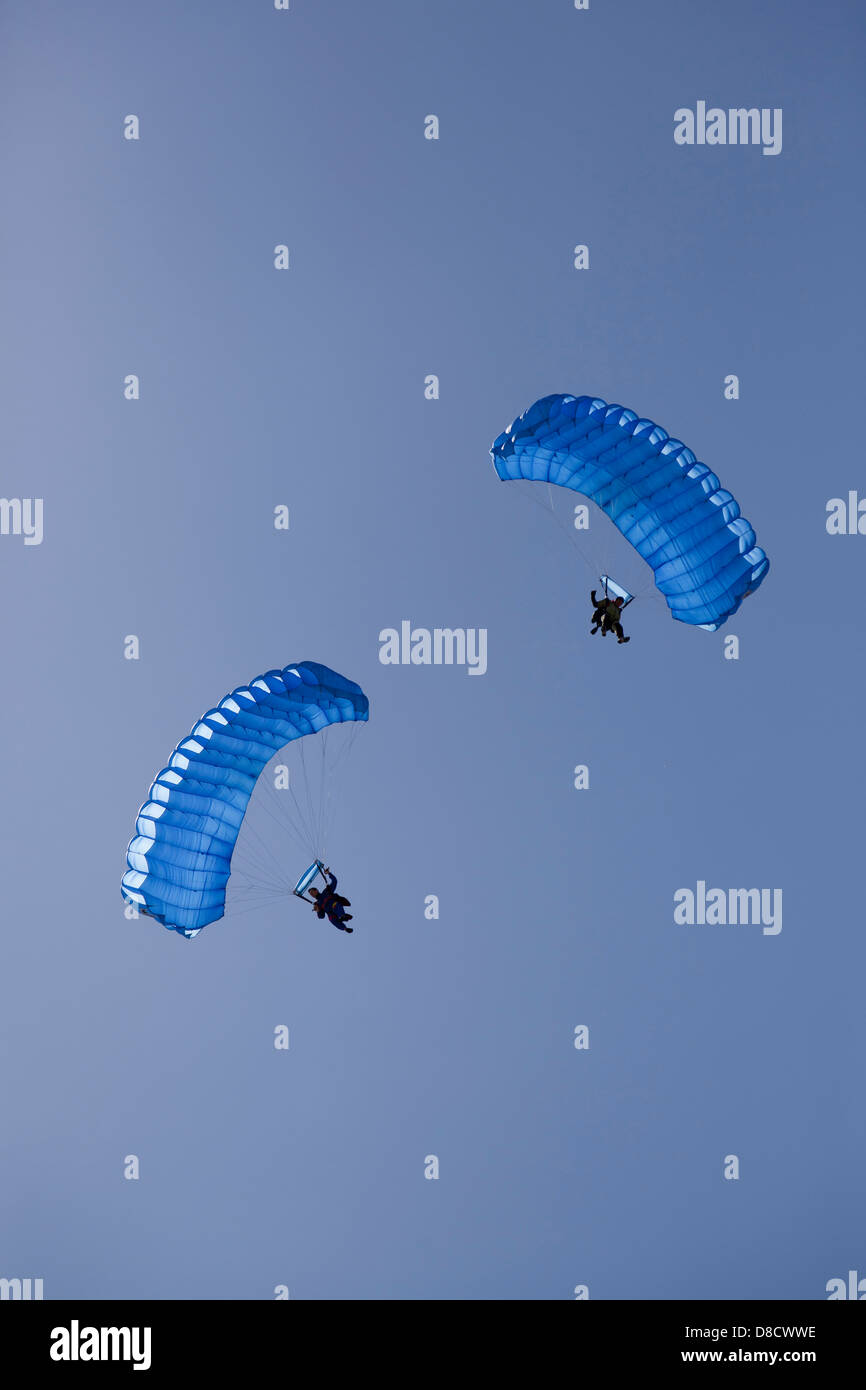 Fallschirmspringer Fallschirm öffnen auf einem klaren blauen Himmel Stockfoto