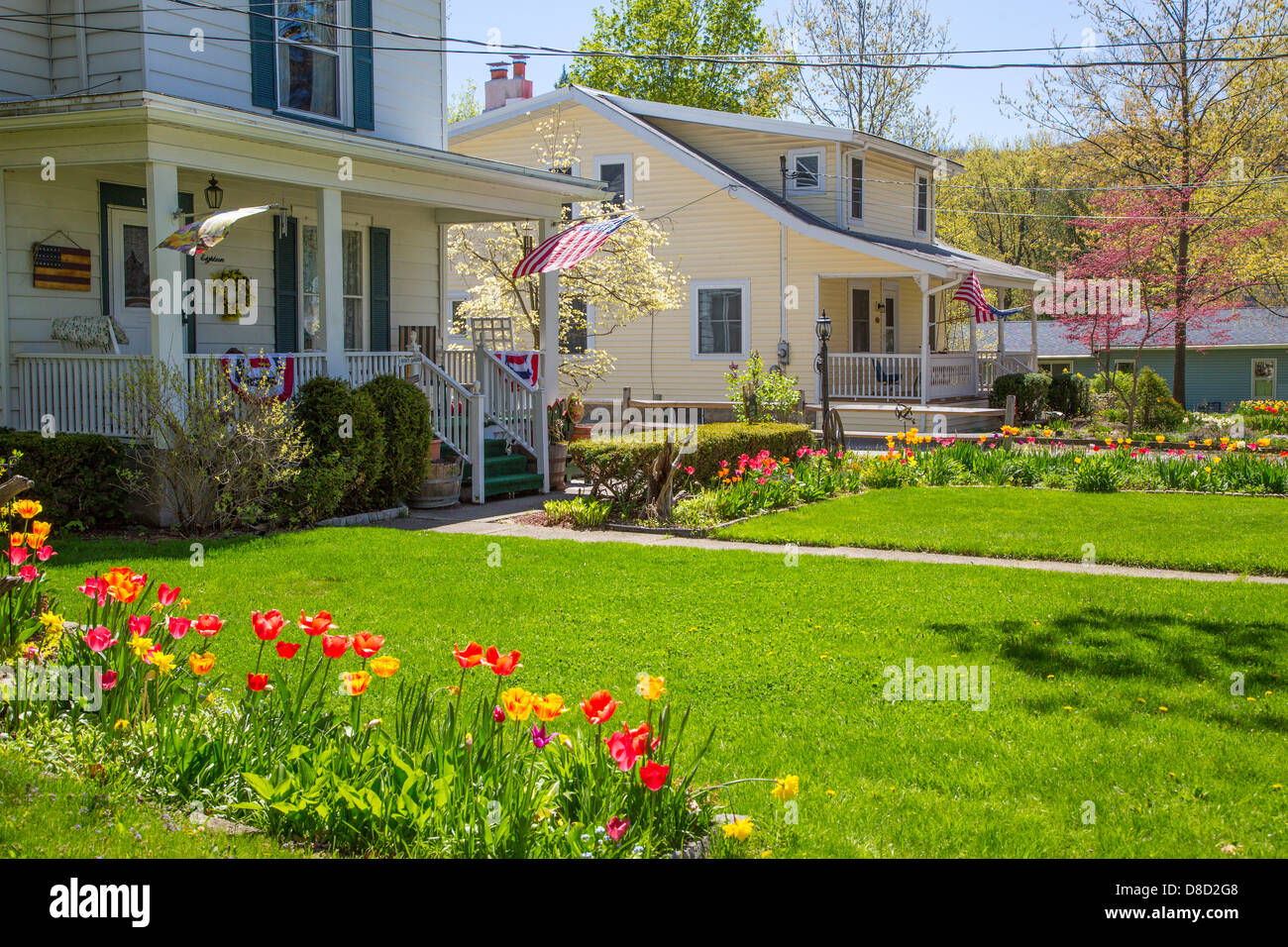 Häuser mit Frühling Tulpen InVillage von Hammondsport in der Finger Lakes Reion des Staates New York Stockfoto