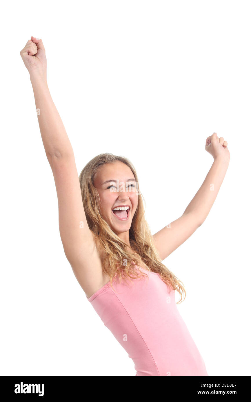 Glücklich schöne Teenager-Mädchen mit ihrem erhobenen Armen isoliert auf weißem Hintergrund Stockfoto