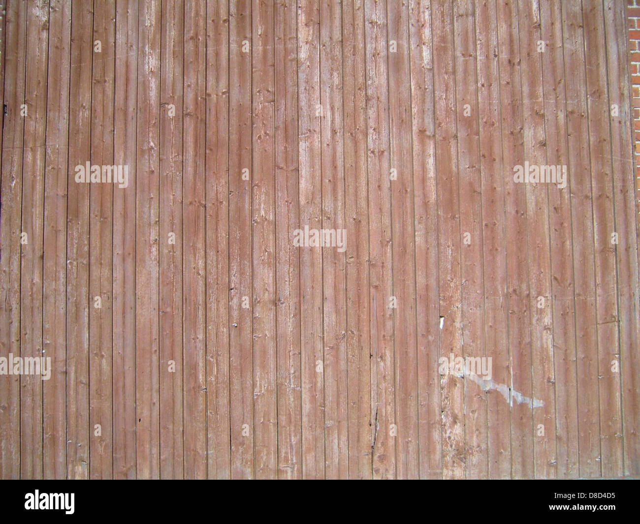 Eine Nahansicht des Holzbodens, die die natürliche Körnung und Struktur der Holzplatten zeigt. Das Bild hebt das rustikale Aussehen des Holzes hervor, das häufig im Boden- oder Möbelbau verwendet wird. Stockfoto