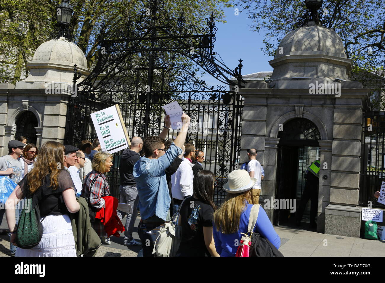 Dublin, Irland. 25. Mai 2013. Demonstranten stehen außerhalb der Dail (Irisches Parlament) protestieren gegen Monsanto und ihre Geschäftspraktiken. Hunderte von Menschen stellte sich heraus, dass es sich für den "Marsch gegen Monsanto" in Dublin aus dem Garden of Remembrance, Department of Agriculture. Der Protest ist Teil einer internationalen Tag des Protests gegen das landwirtschaftliche Unternehmen Monsanto und seine Geschäftspraktiken als auch gegenüber gentechnisch veränderten Lebensmitteln. Bildnachweis: Michael Debets/Alamy Live-Nachrichten Stockfoto