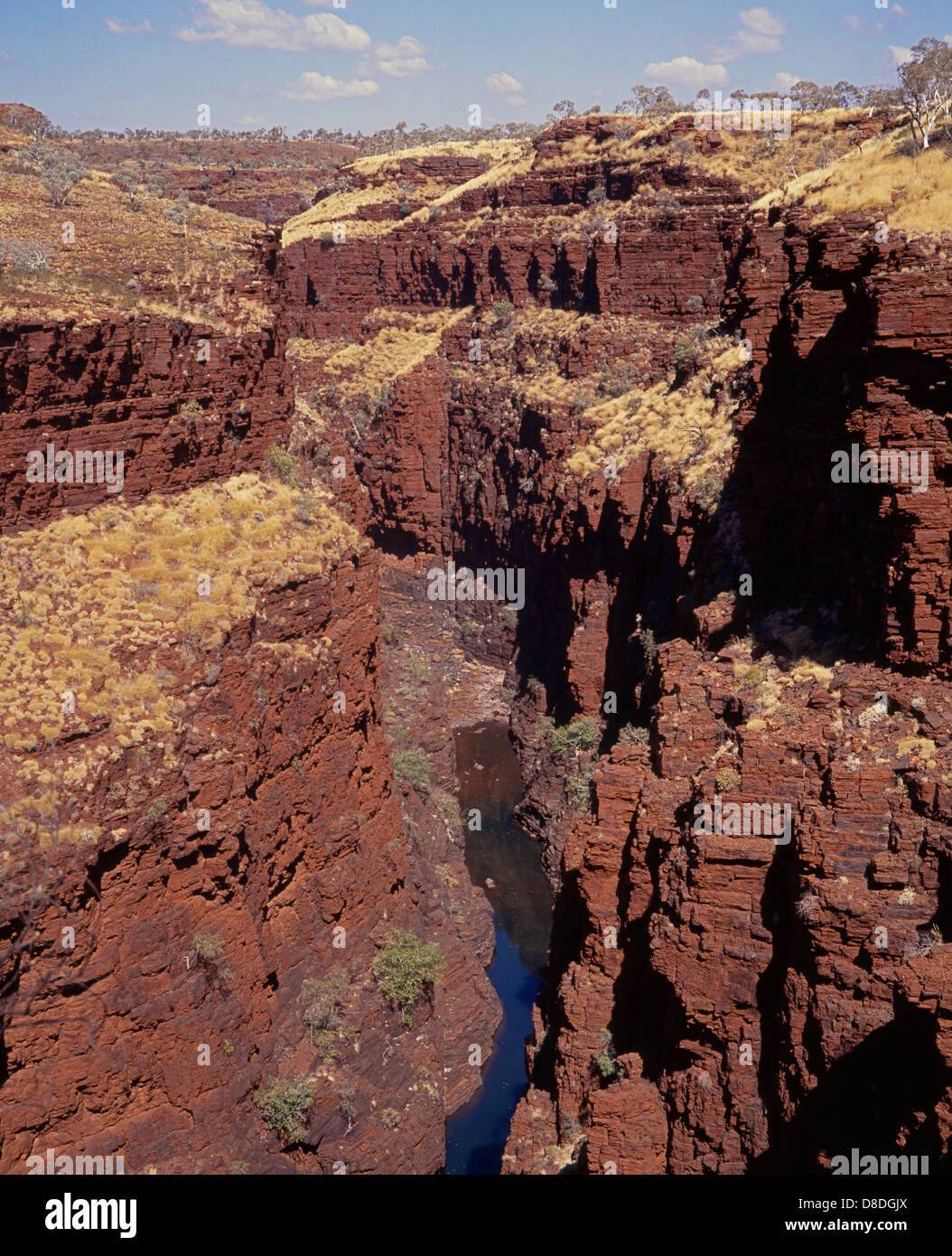 Blick über den Teil der Hammersley Felsformationen, Weano Gorge, Karijini-Nationalpark, Pilbara, Australien. Stockfoto
