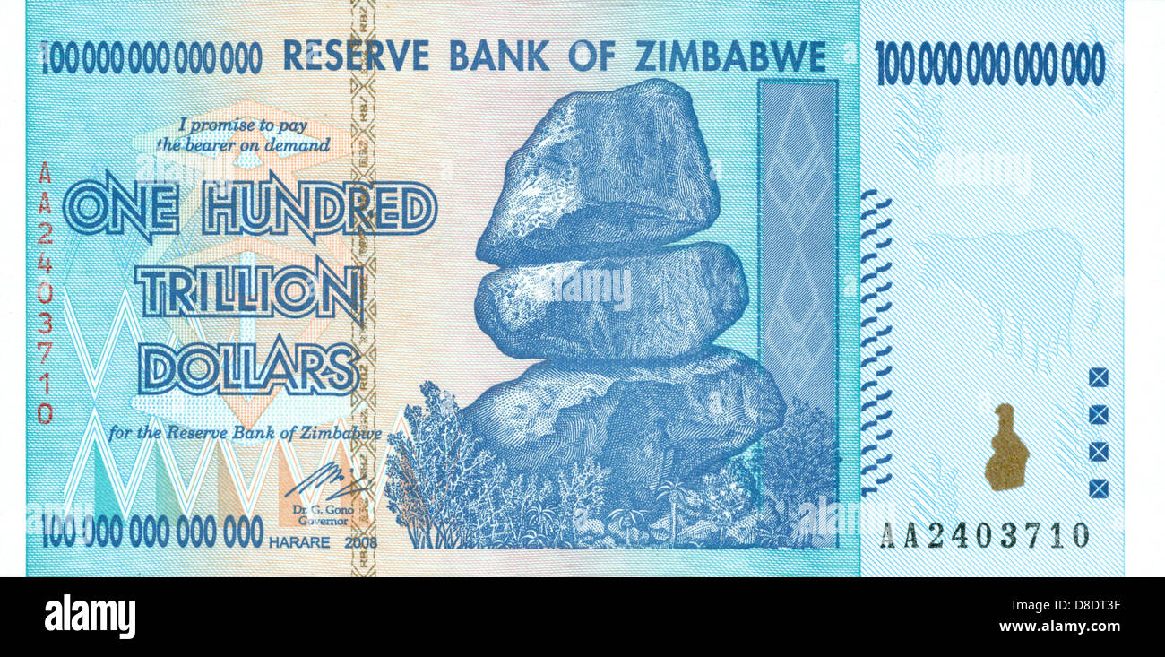 Ein hundert Billionen Dollar Simbabwe Banknote (siehe auch D8DT45 und D8DT4K) Stockfoto