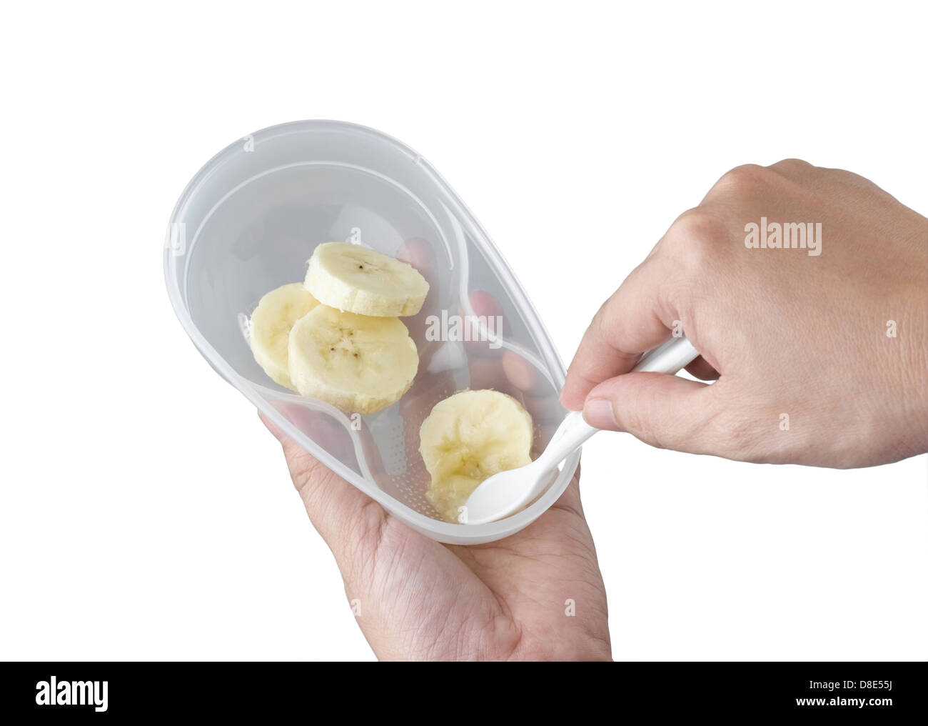 Sie können etwas zu essen wie Banane für Maische, stillen Sie Ihr Baby in 2 in 1-Lebensmittel-box Stockfoto