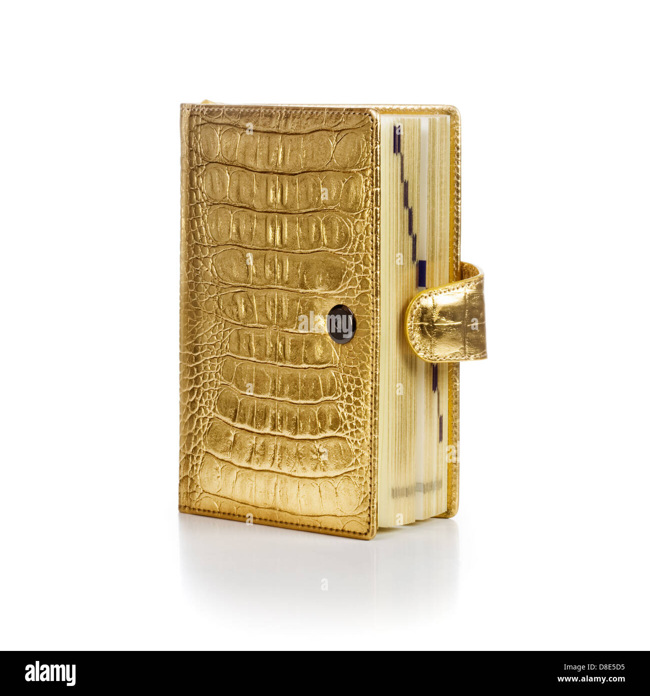 Luxus gold Leder Notebook auf weißem Hintergrund Stockfoto