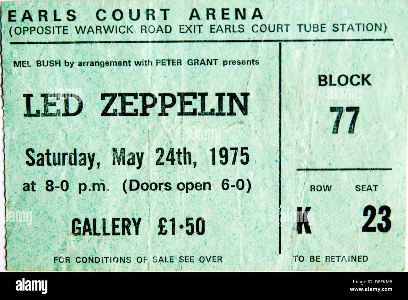 LED Zeppelin-Konzert-Ticket von 1975 Gig am Earls Court Arena london Stockfoto