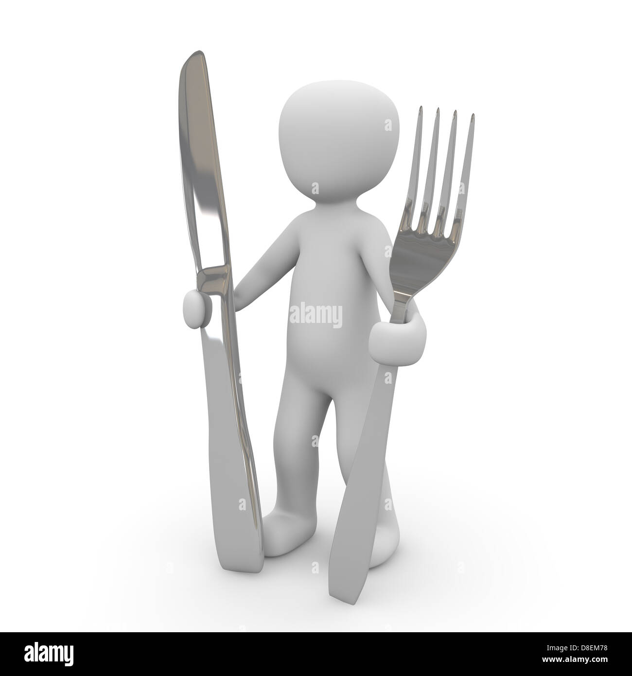 3D Charakter mit Messer und Gabel in den Händen die Gosser als er selbst sind. Stockfoto
