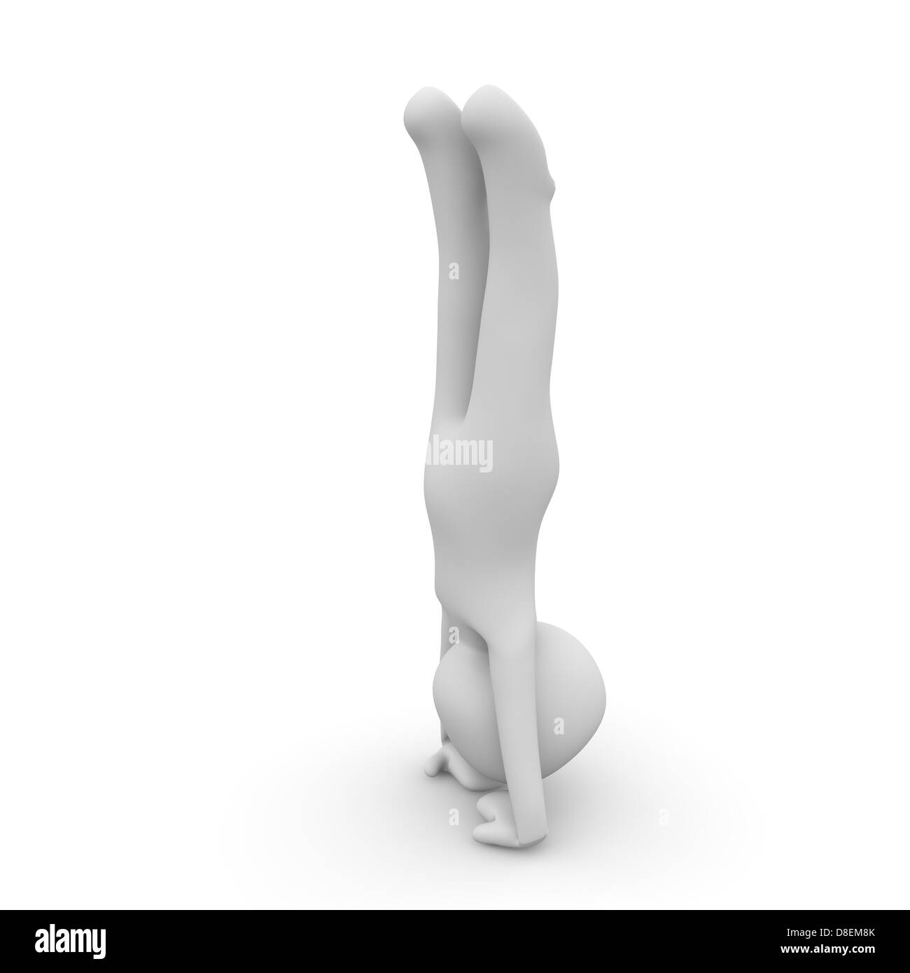 Ein 3D Charakter steht aufrecht auf den Händen. Stockfoto